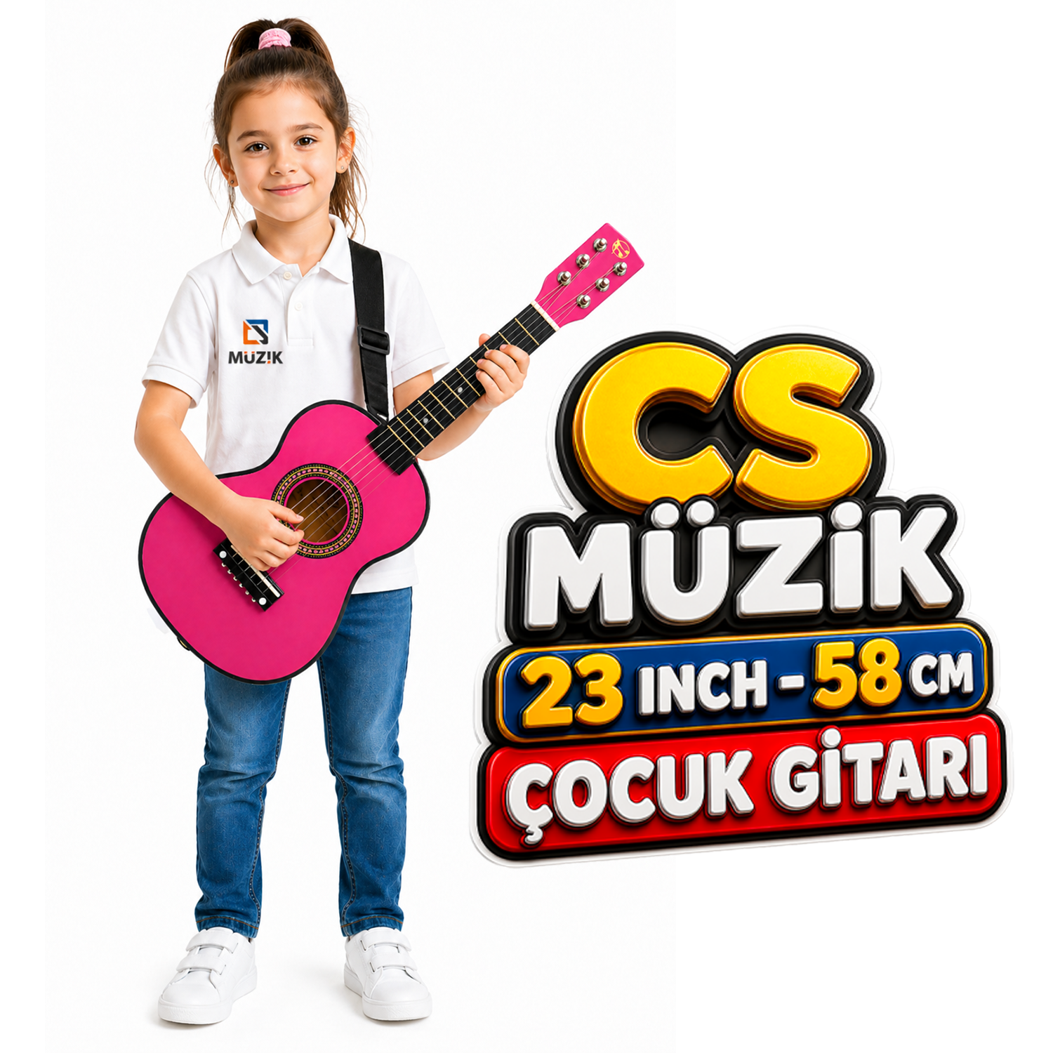 Bir kız pembe gitar tutuyor. Yanında büyük, renkli bir logo var.