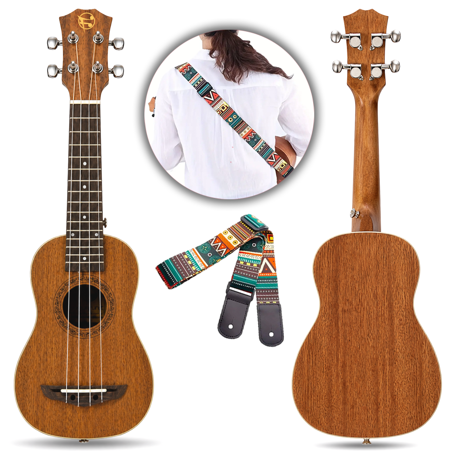 Renkli kabile tarzı askılı kahverengi ukulele seti.