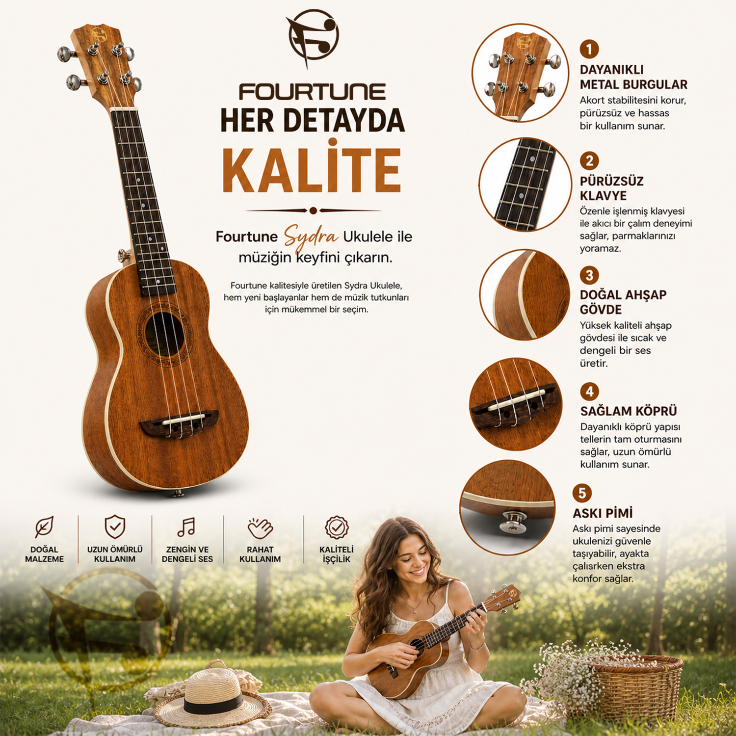 Müzik notaları olan kahverengi ukulele ve dışarıda battaniyede çalan bir kadın.