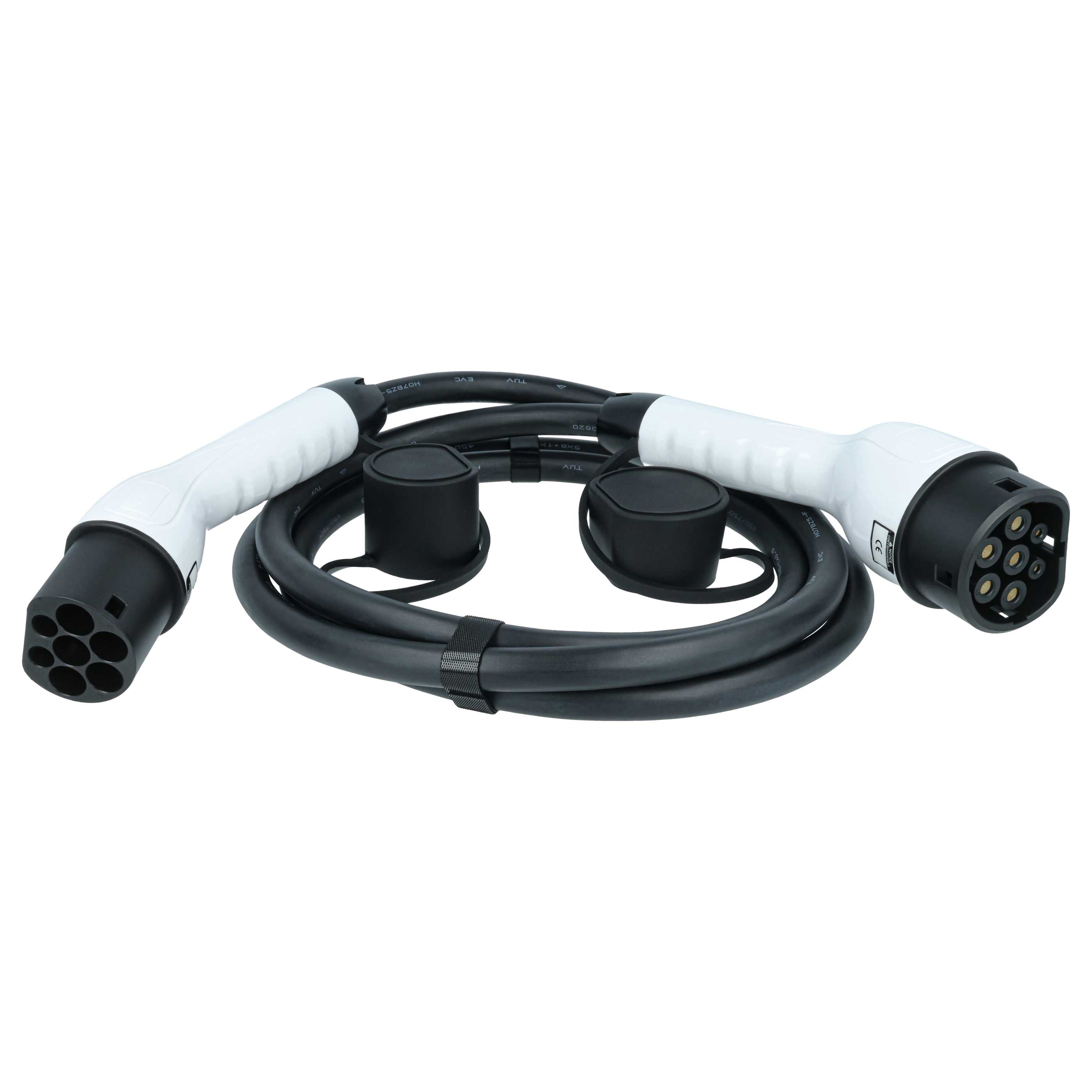 Ein schwarzes Ladekabel mit weißen Steckern und Schutzkappen.