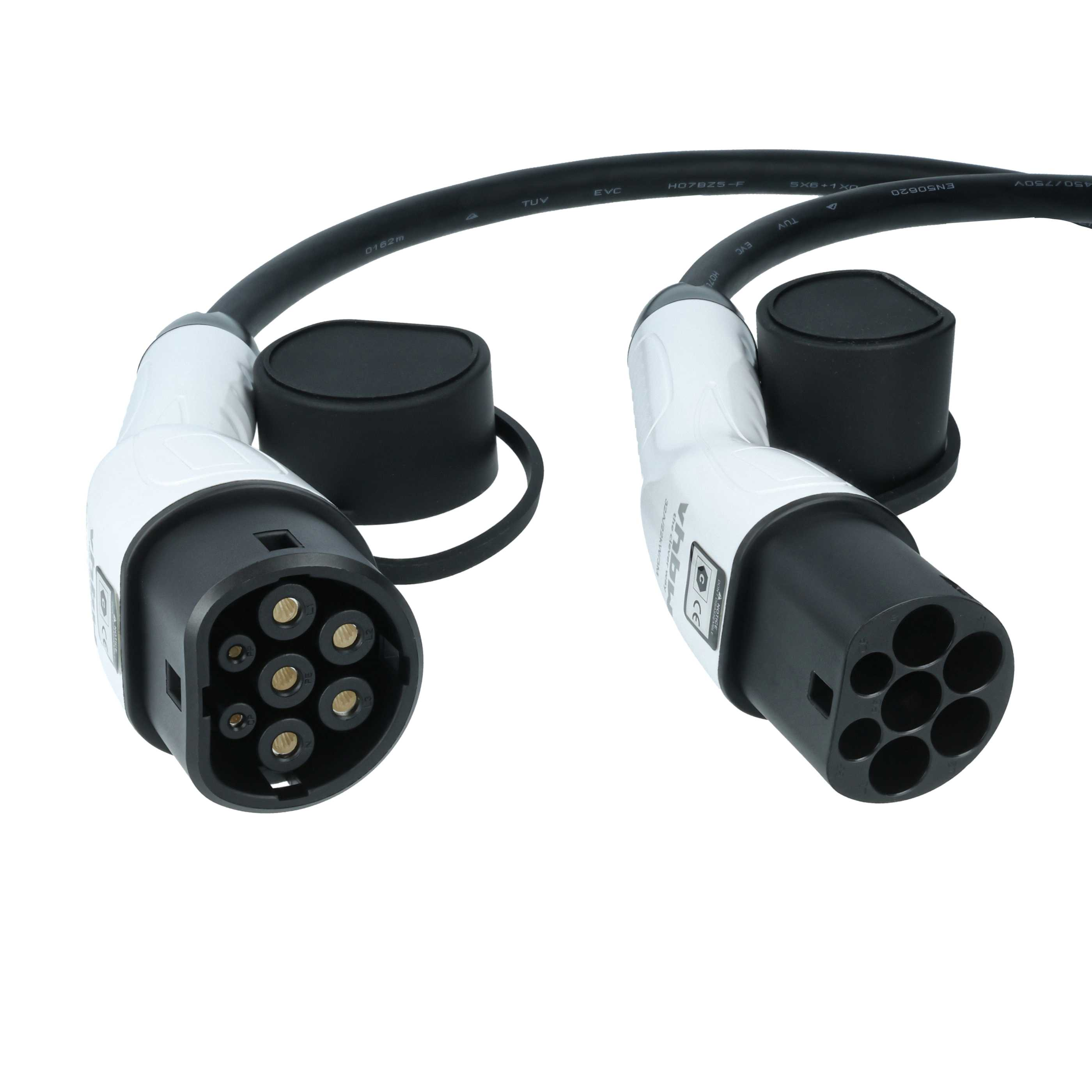 Zwei weiße und schwarze Elektroauto-Ladekabel-Stecker mit Schutzkappen.