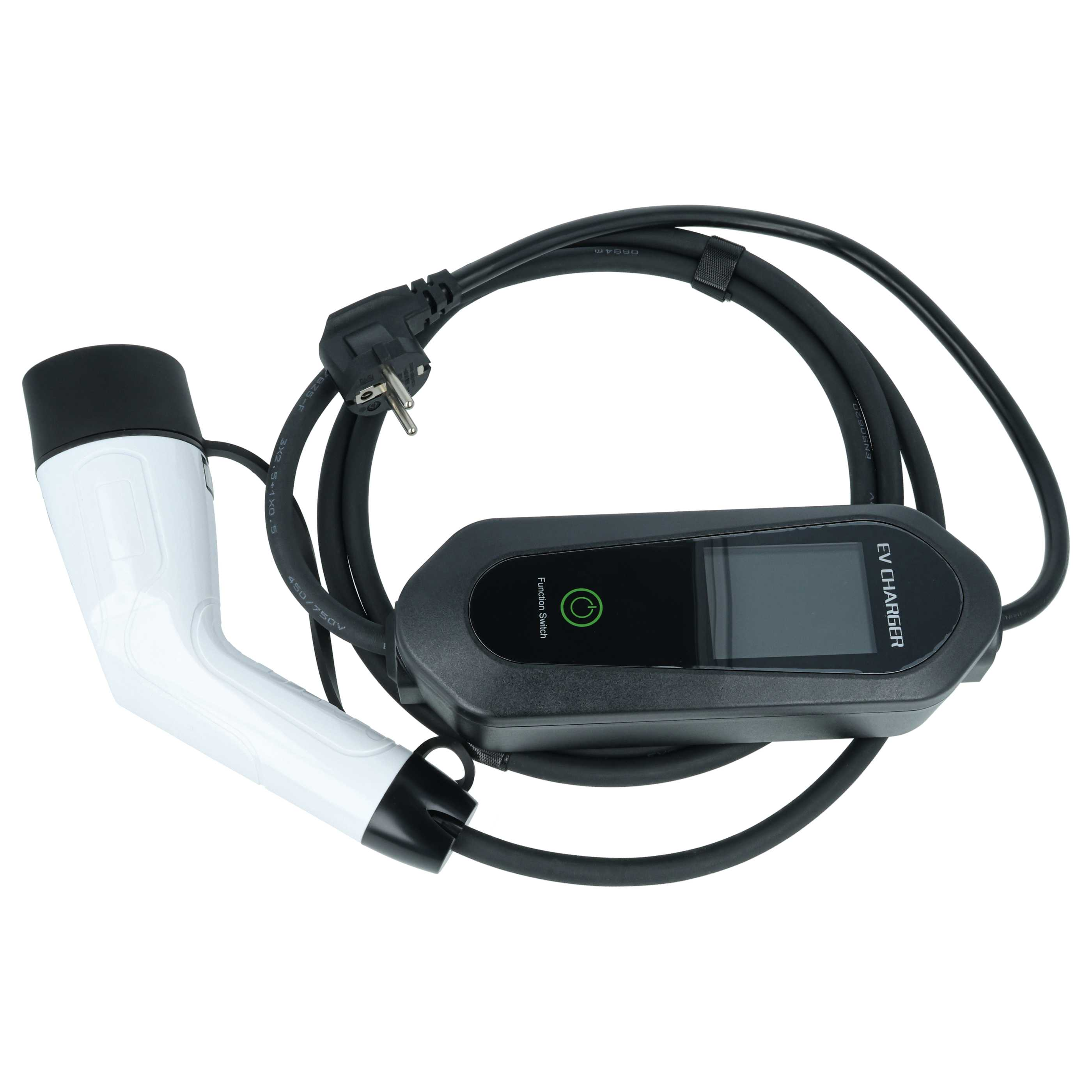 Ein weißer EV-Ladestecker mit schwarzem Kabel und schwarzer Box.