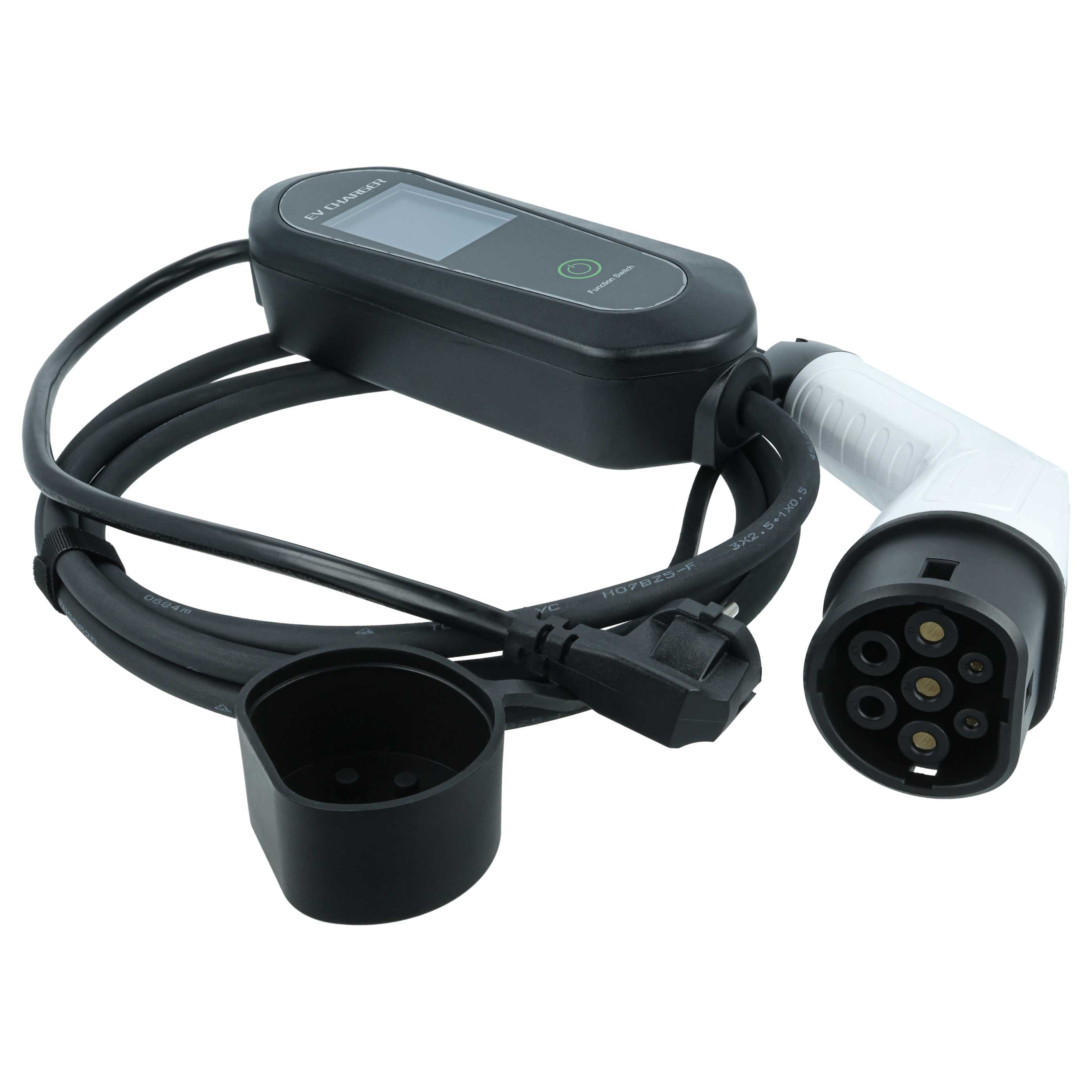 Ein schwarzes EV-Ladegerät mit einem weißen Stecker und einem digitalen Bildschirm.