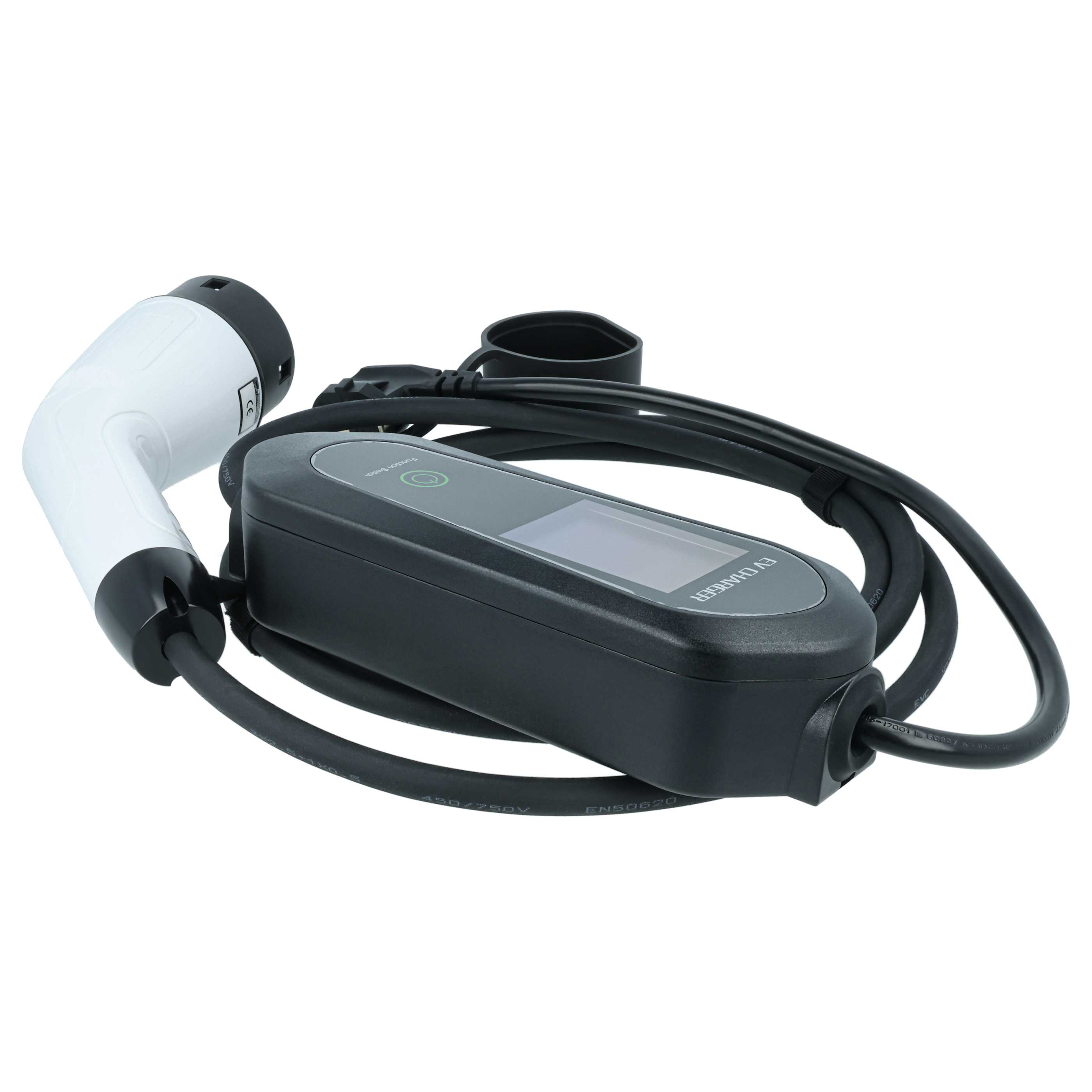 Ein weißer EV-Ladestecker mit schwarzem Gehäuse und Kabel auf weißem Hintergrund.