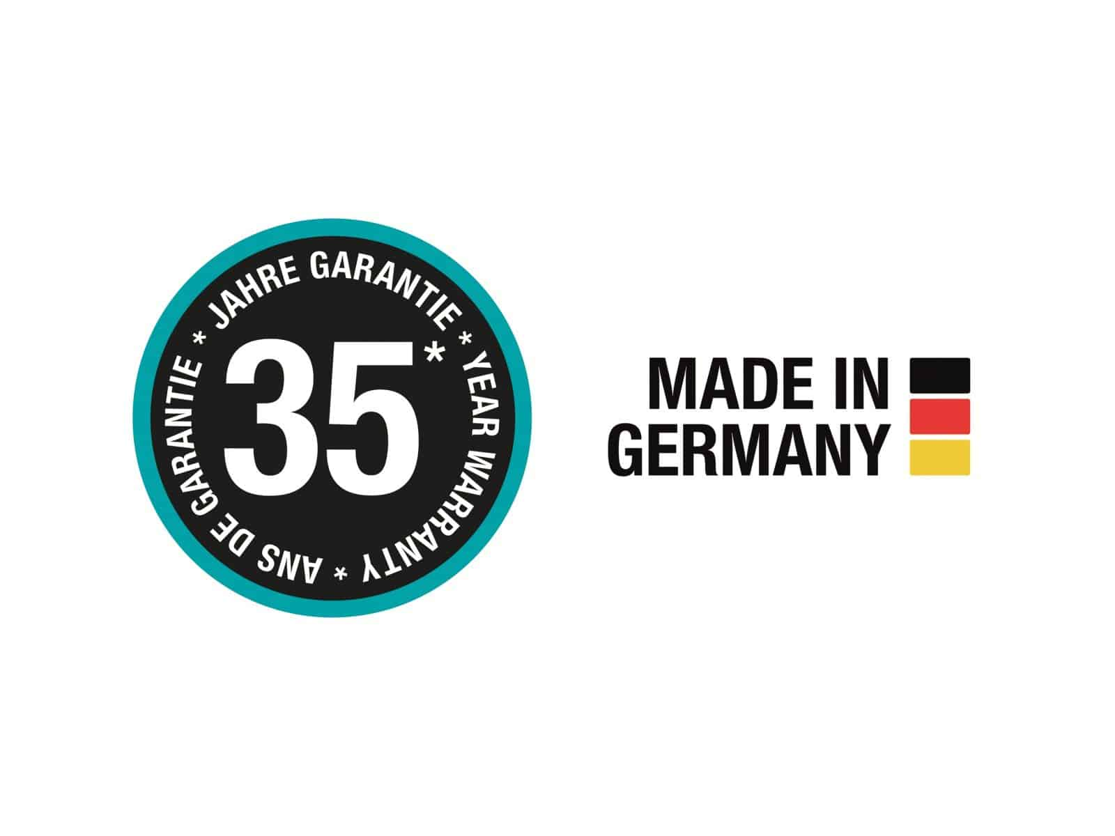 35 Jahre Garantie und Made in Germany mit Flagge.