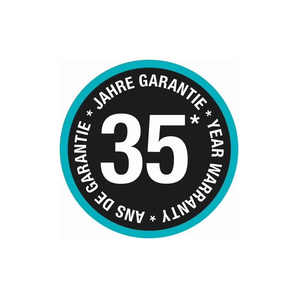 35 Jahre Garantie Logo mit blauem Rand und schwarzen Hintergrund.