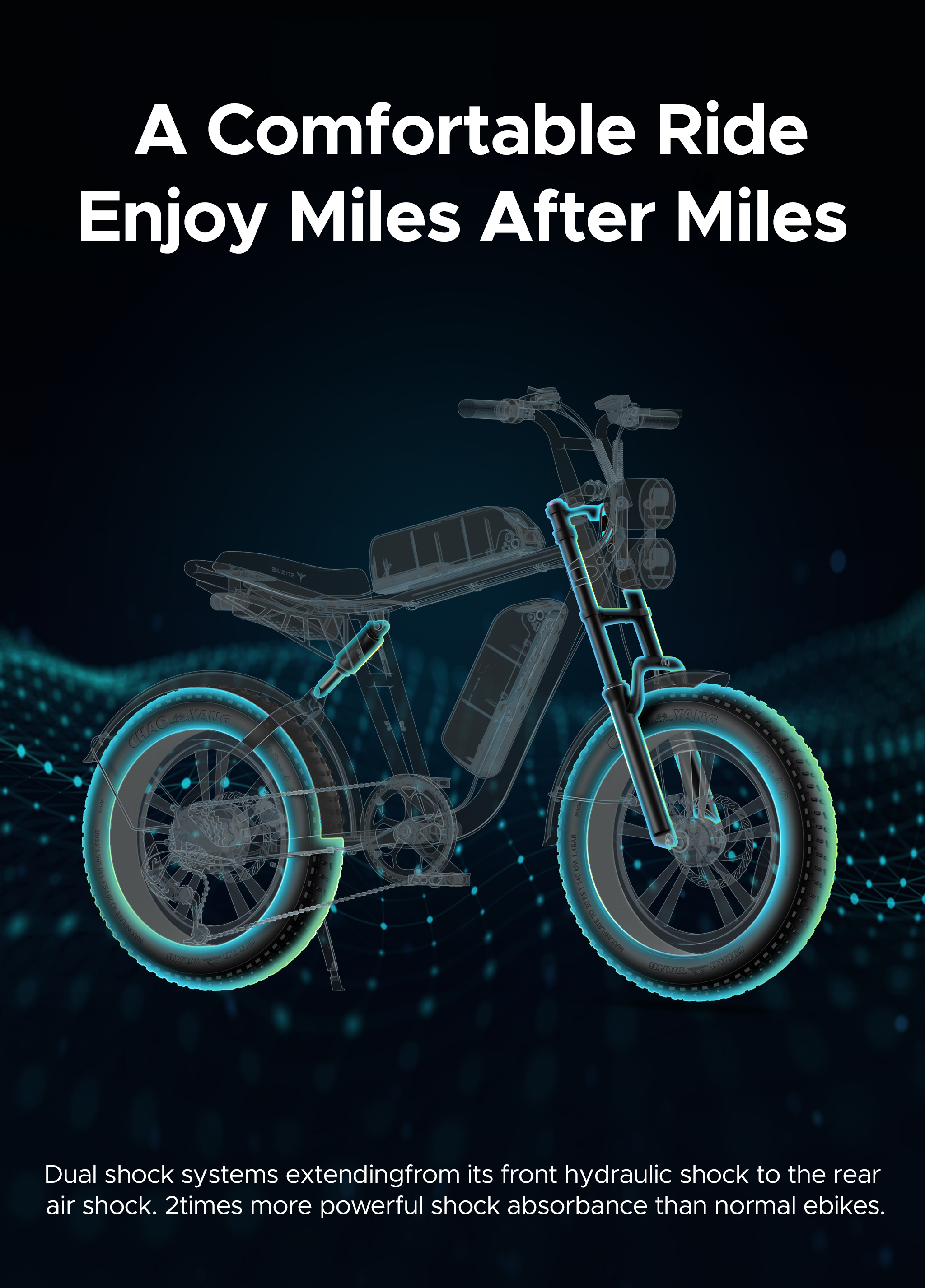 Un esqueleto de bicicleta eléctrica con acentos brillantes y texto.