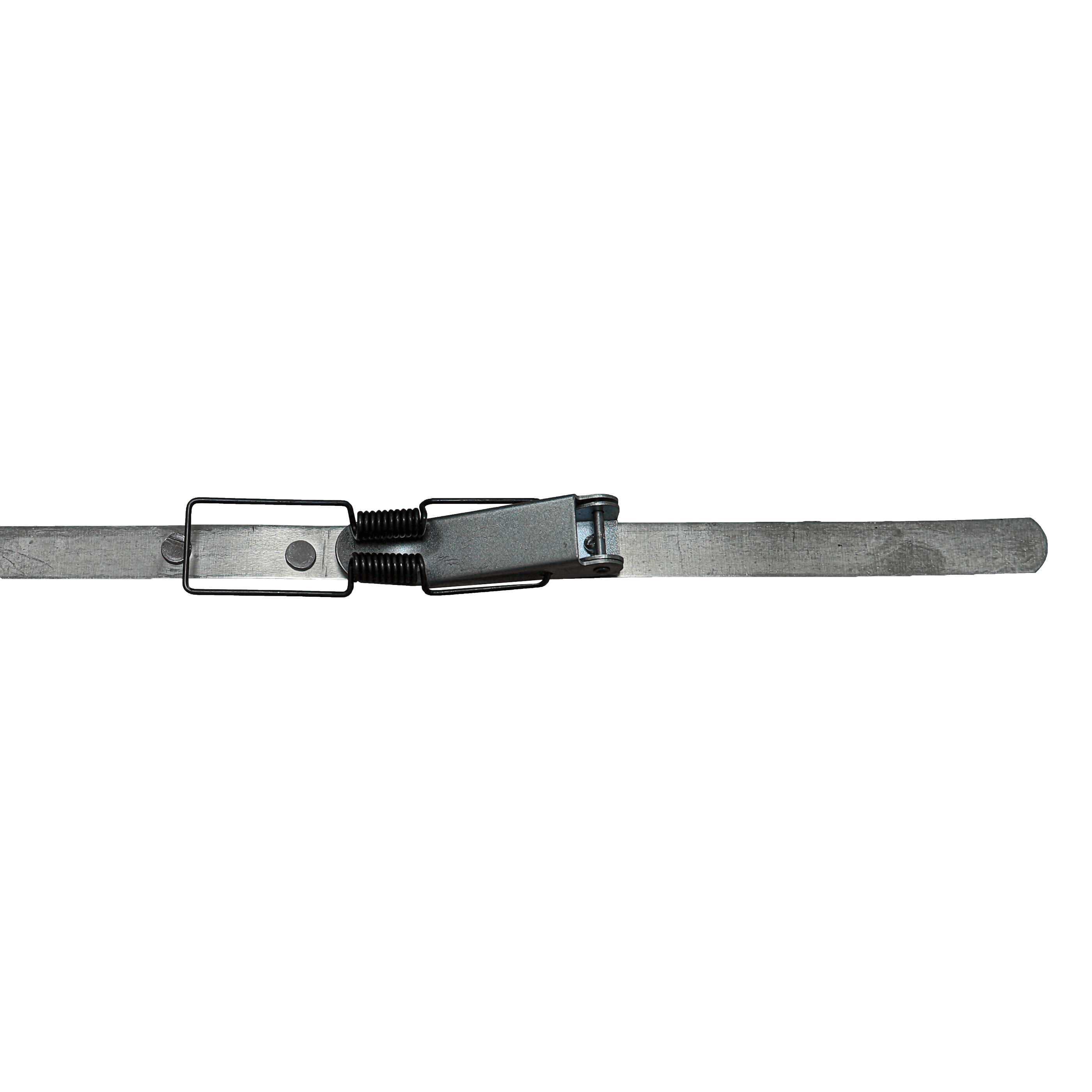 Ein silberner Metallriegel mit zwei Federn und einem Griff.