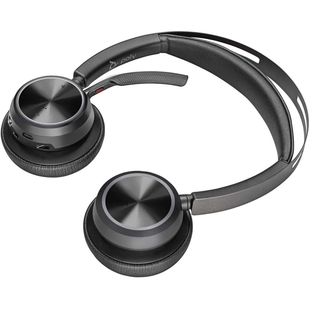 Black Poly headphones with a flexible headband and plush earcups on a white background.