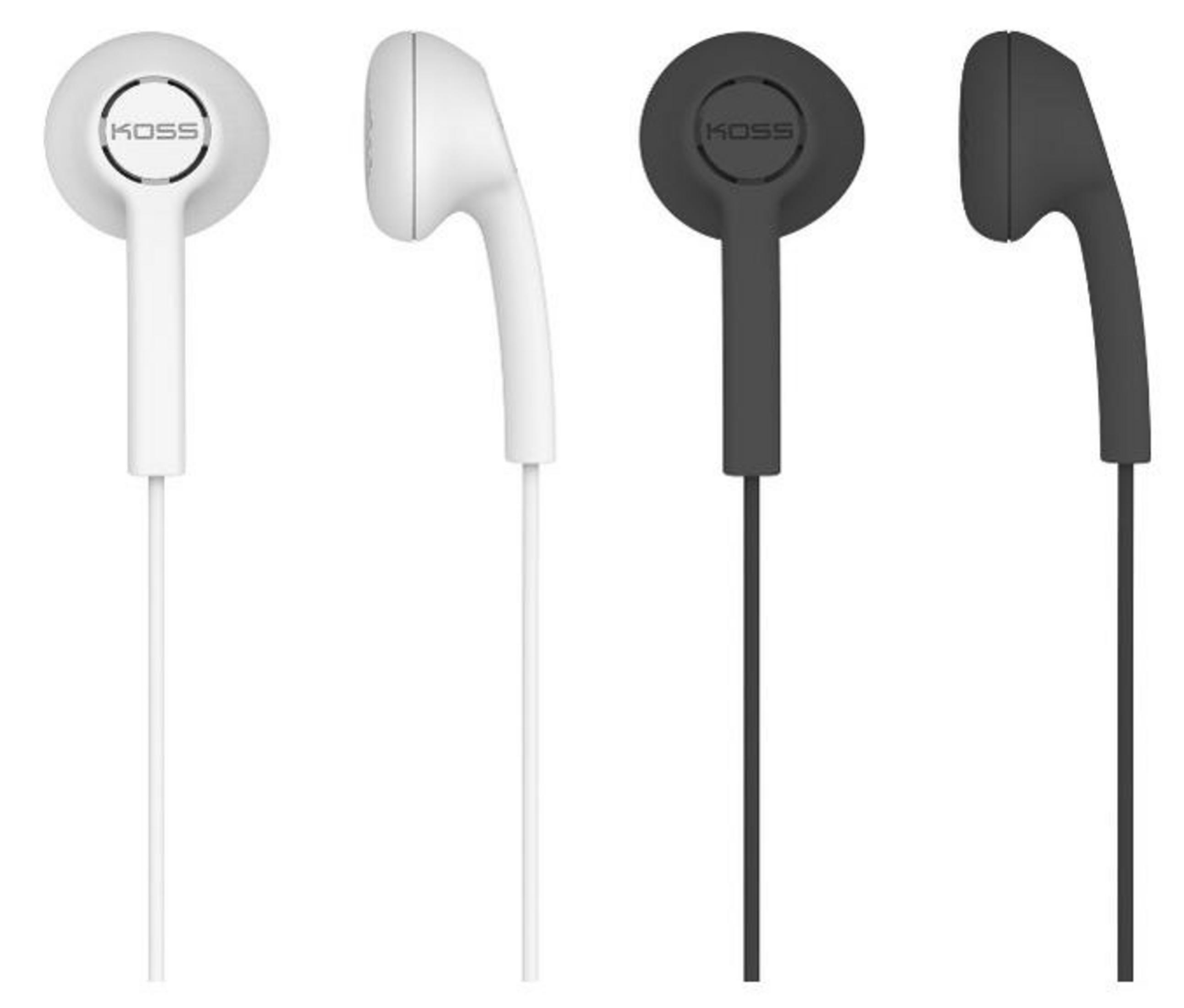 Due auricolari KOSS, uno bianco e uno nero, fianco a fianco su sfondo bianco.