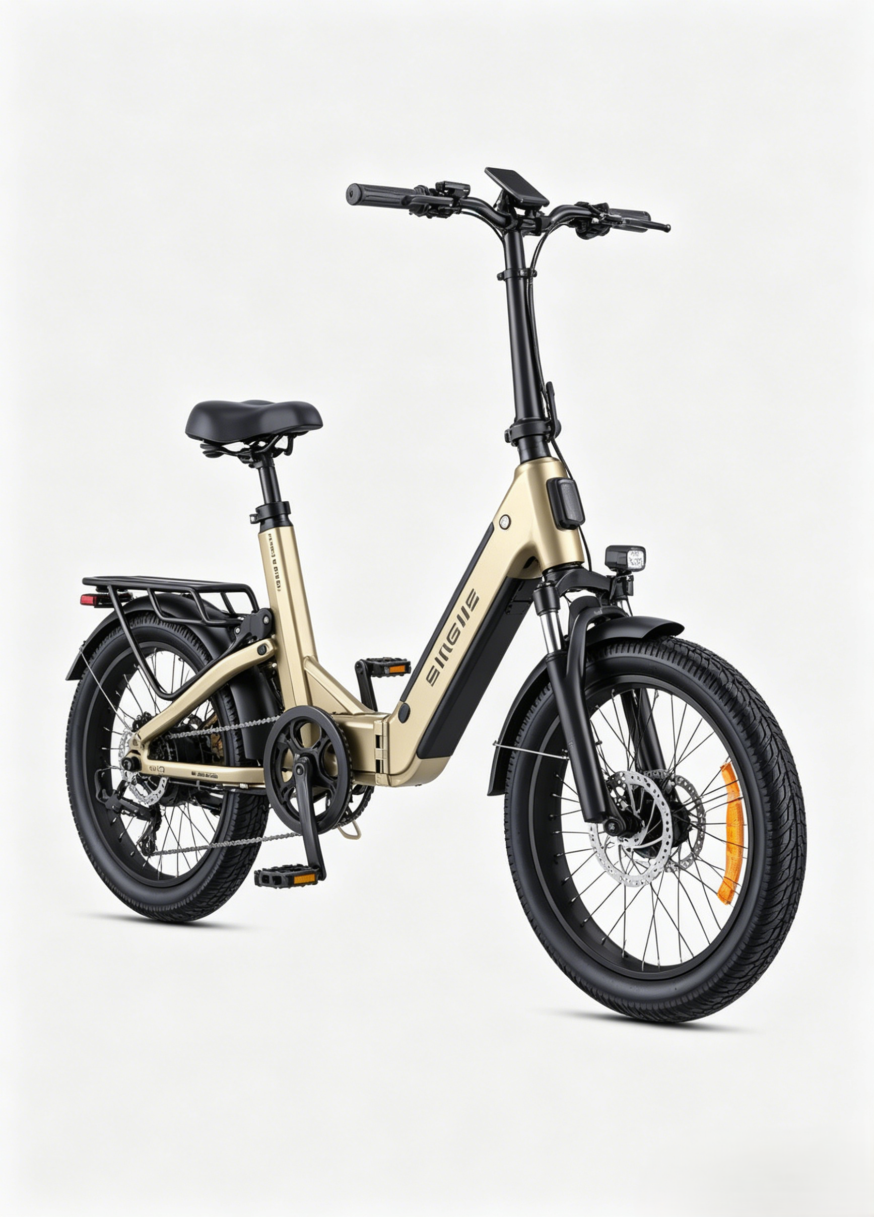 Una bicicleta eléctrica plegable dorada con asiento, manillar y ruedas negras sobre fondo blanco.