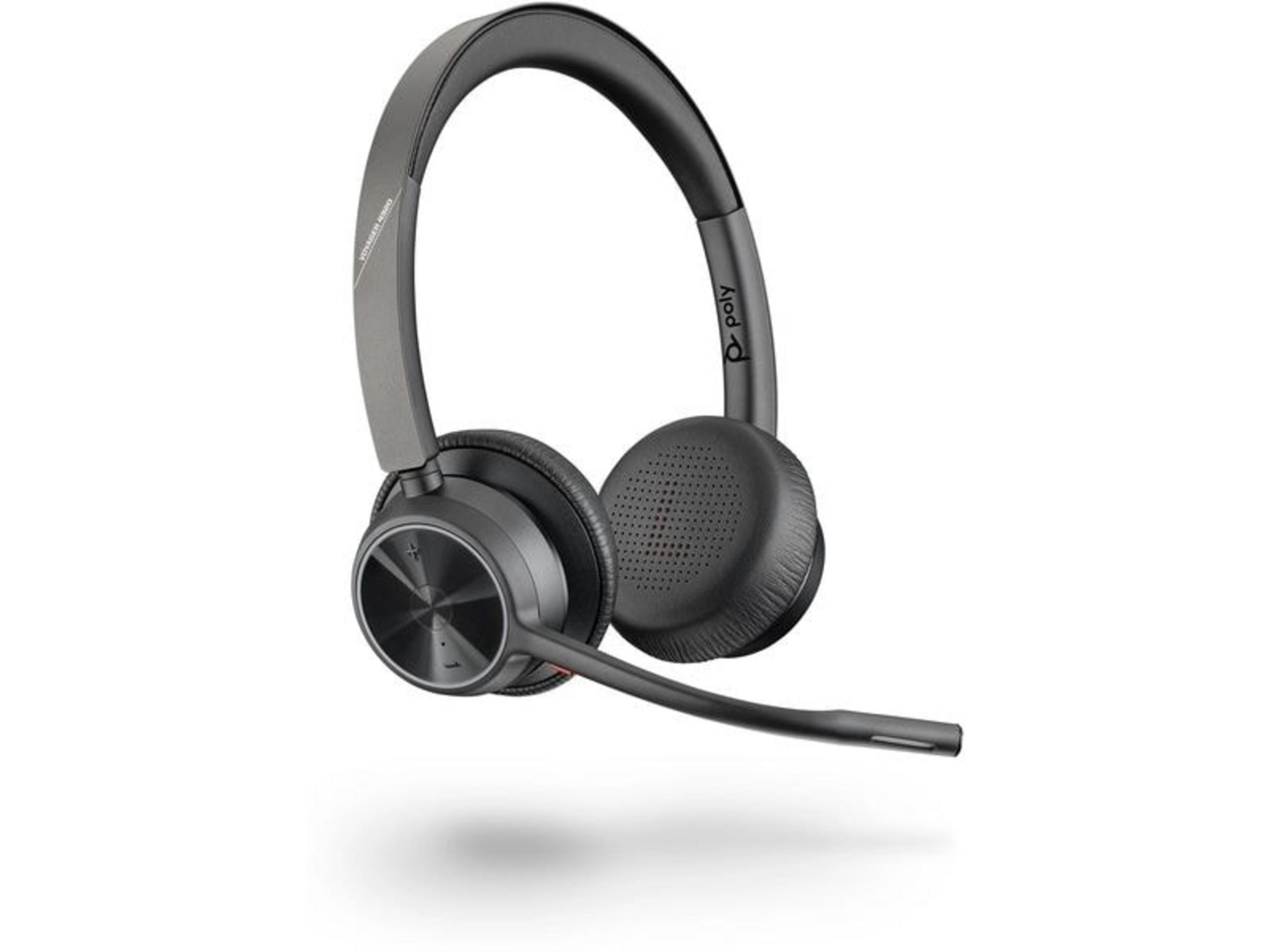 Auriculares Poly Voyager Focus UC negros con brazo de micrófono y almohadillas.