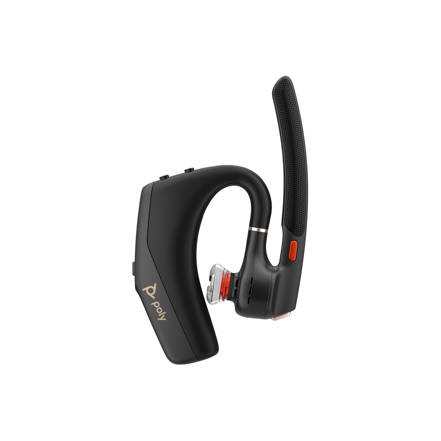 Auricolare Bluetooth Poly nero con accento rosso e gancio per l'orecchio.