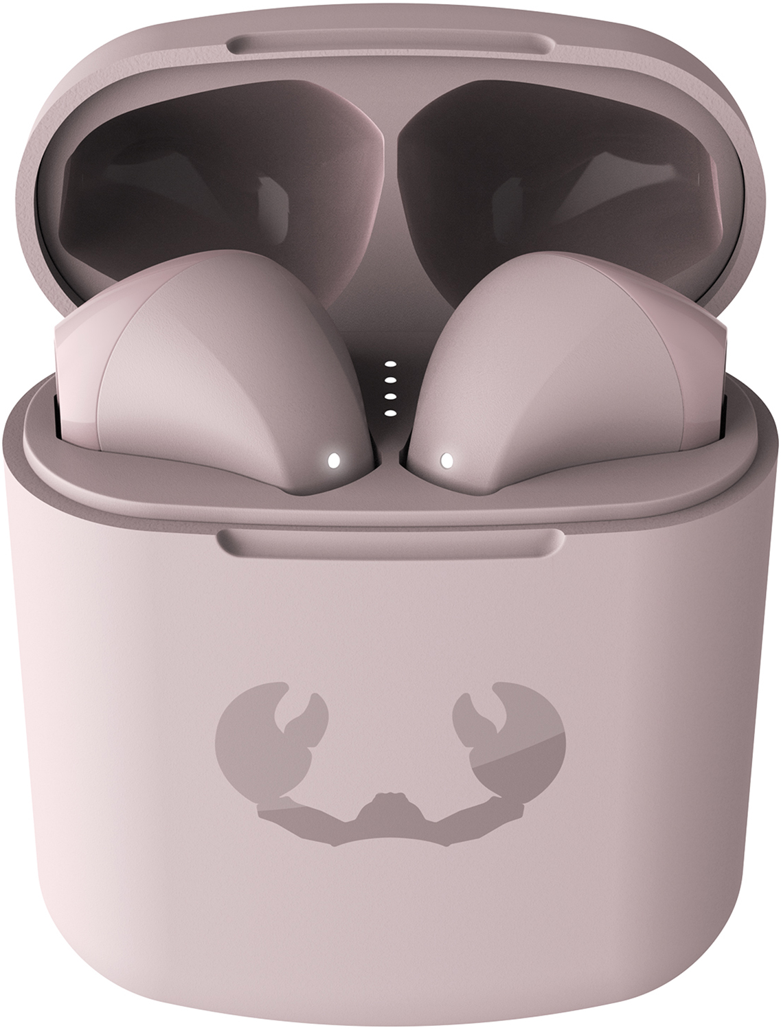 A pink earbud case with two white earbuds and a crab logo.