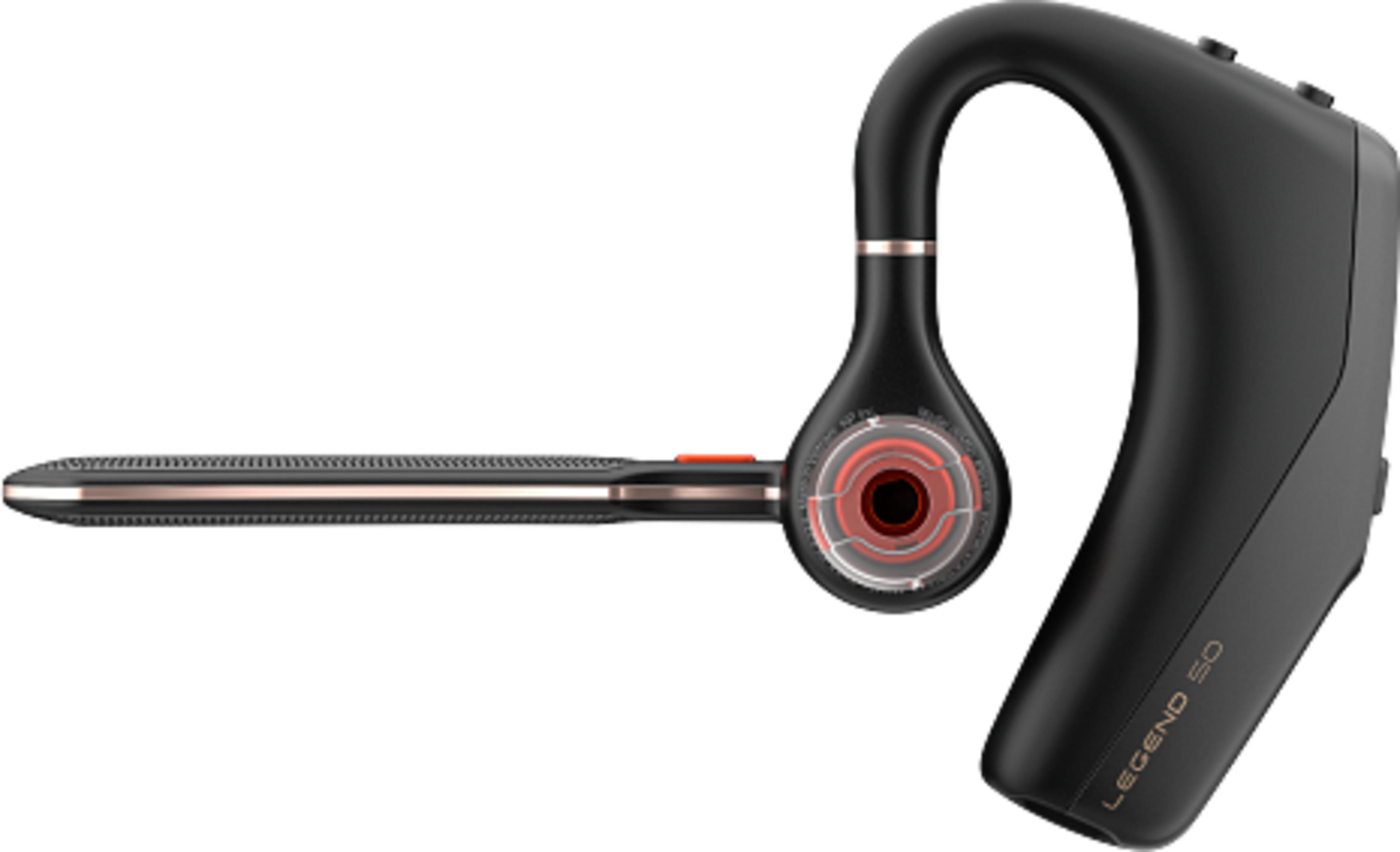 Auricolare nero con accento rosso e testo LEGEND 50.