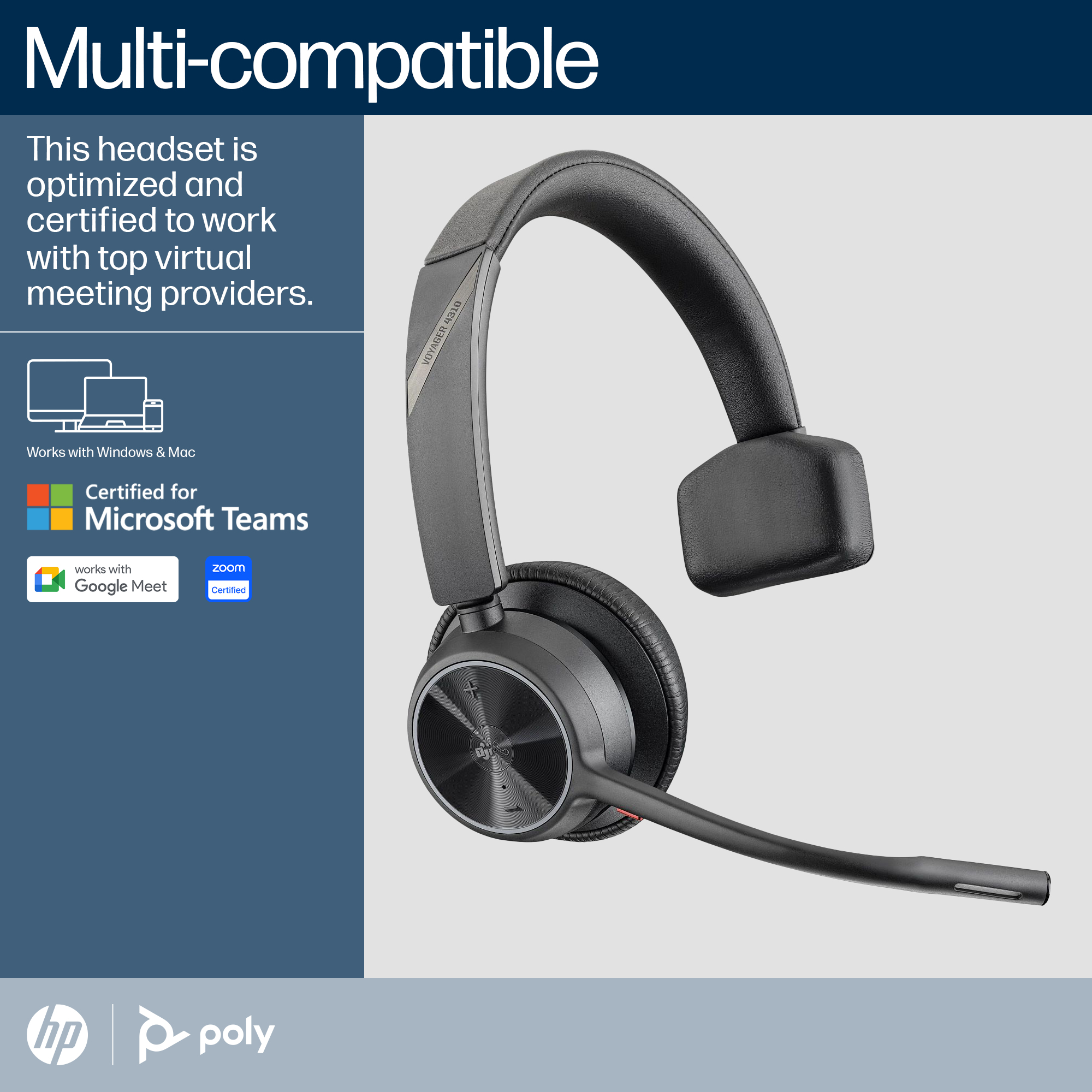 Un casque noir avec bras de microphone est montré à droite. Des logos sont à gauche.