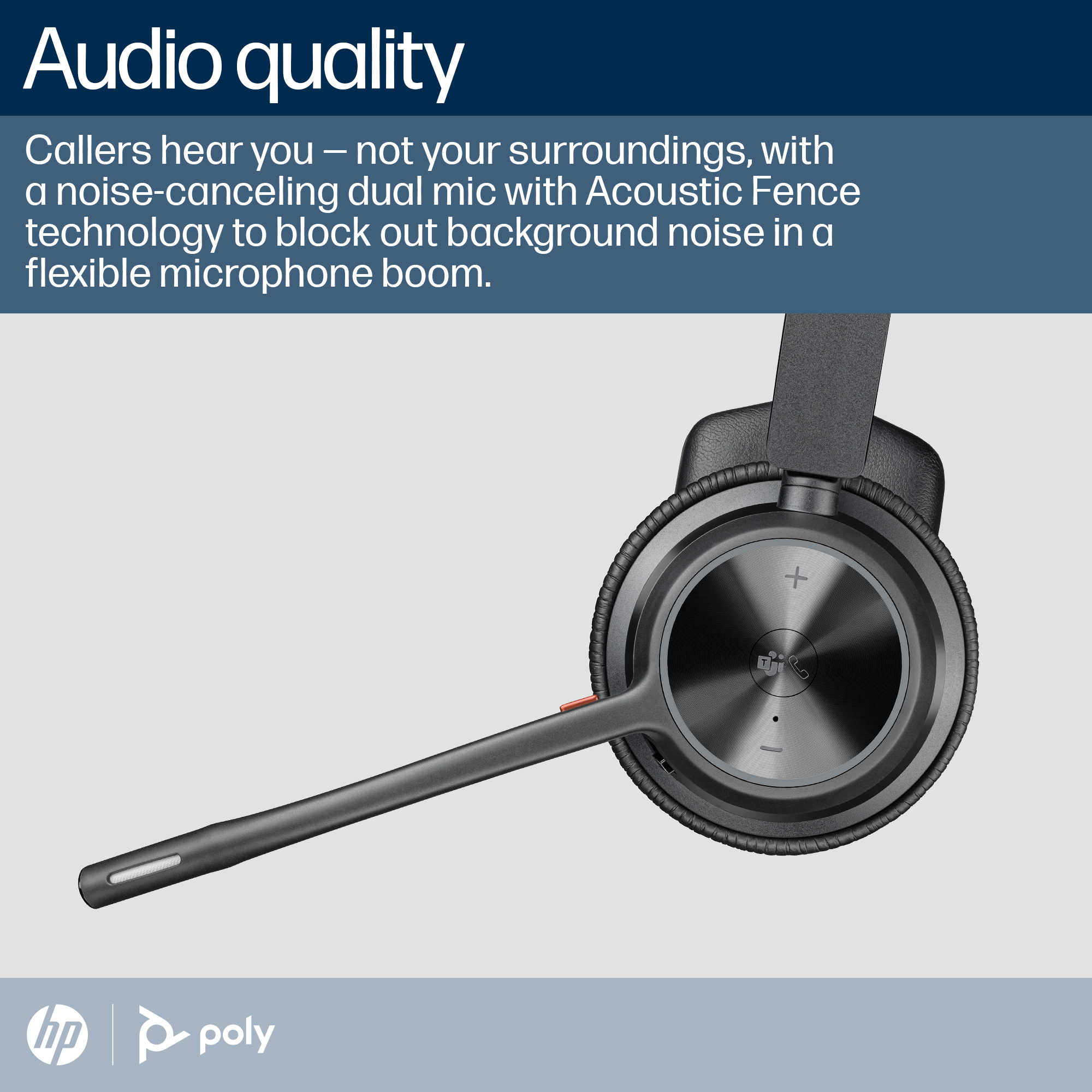 Perche de casque noire avec microphone et commandes de volume sur fond gris.