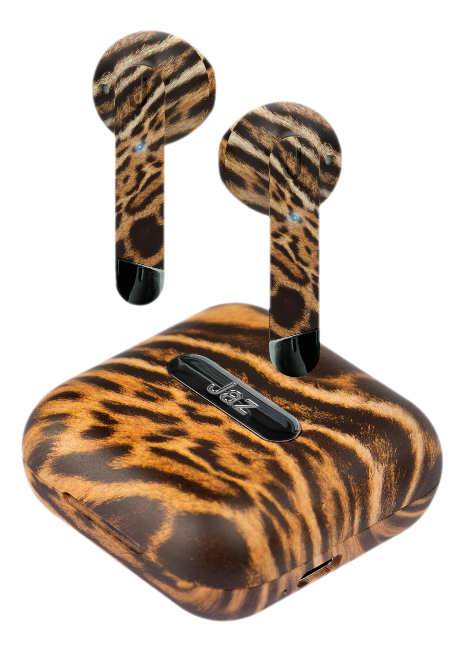 Un paio di auricolari con stampa leopardata e custodia di ricarica.