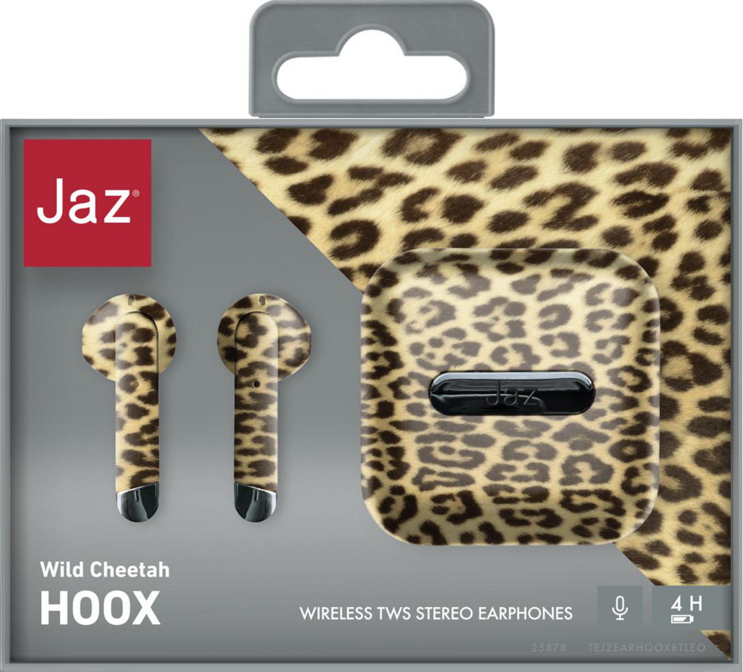 Confezione per auricolari wireless Jaz HOOX Wild Cheetah con stampa leopardata.