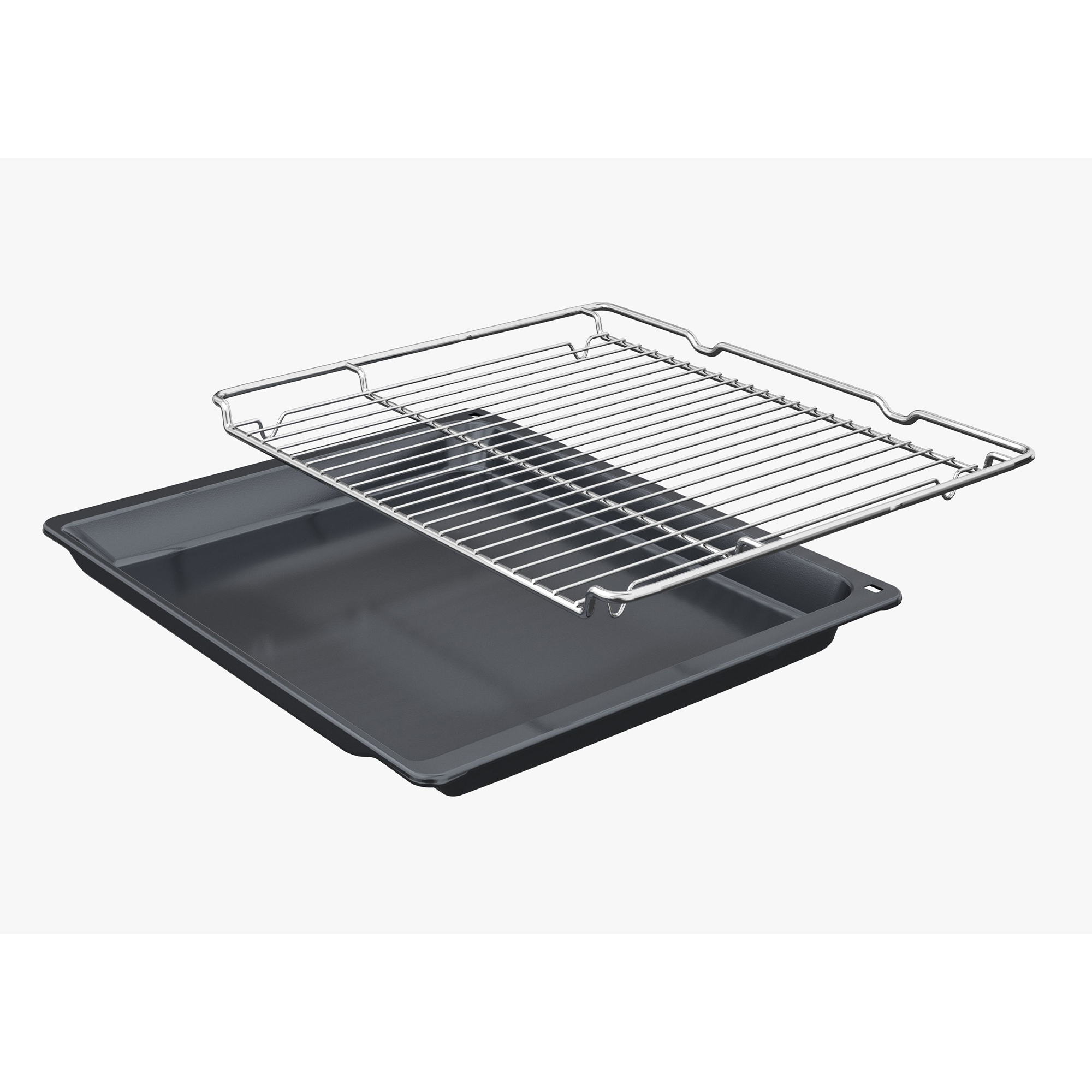 Ein glänzendes Metallrost liegt auf einer dunklen Backform.