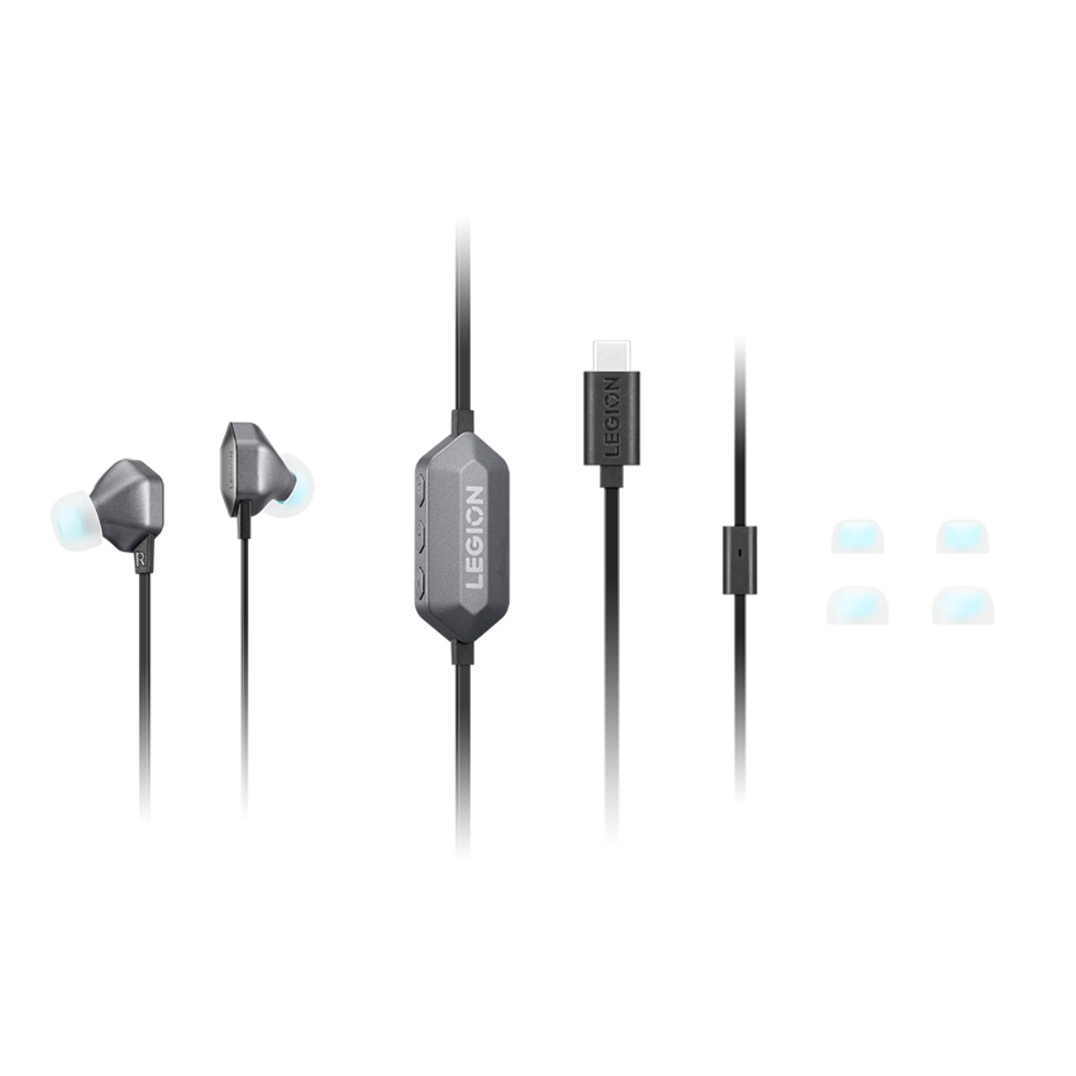Graue Legion-Kopfhörer mit USB-C-Anschluss und Ersatz-Ohrstöpseln.