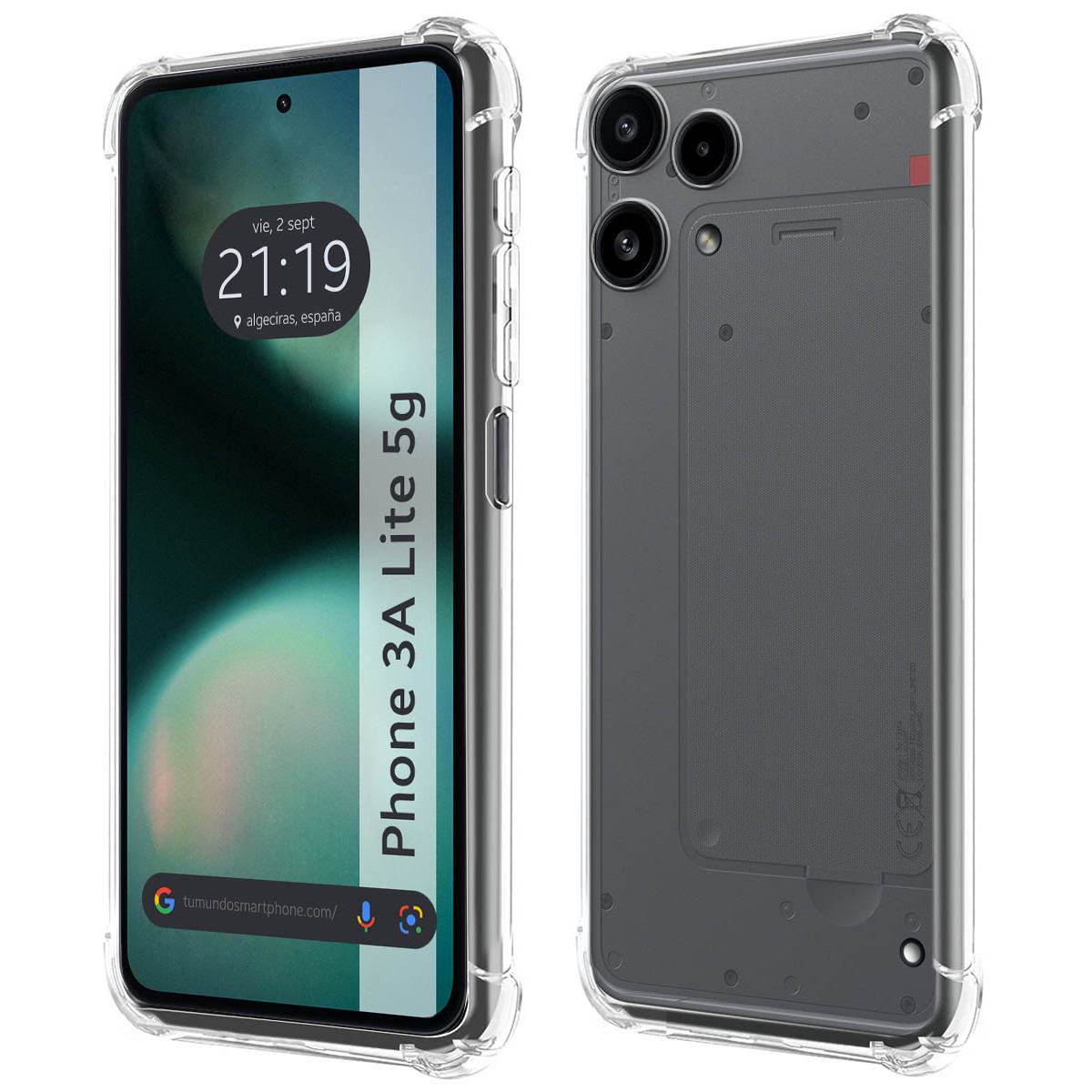 Una funda protectora transparente para un smartphone, vistas frontal y trasera.