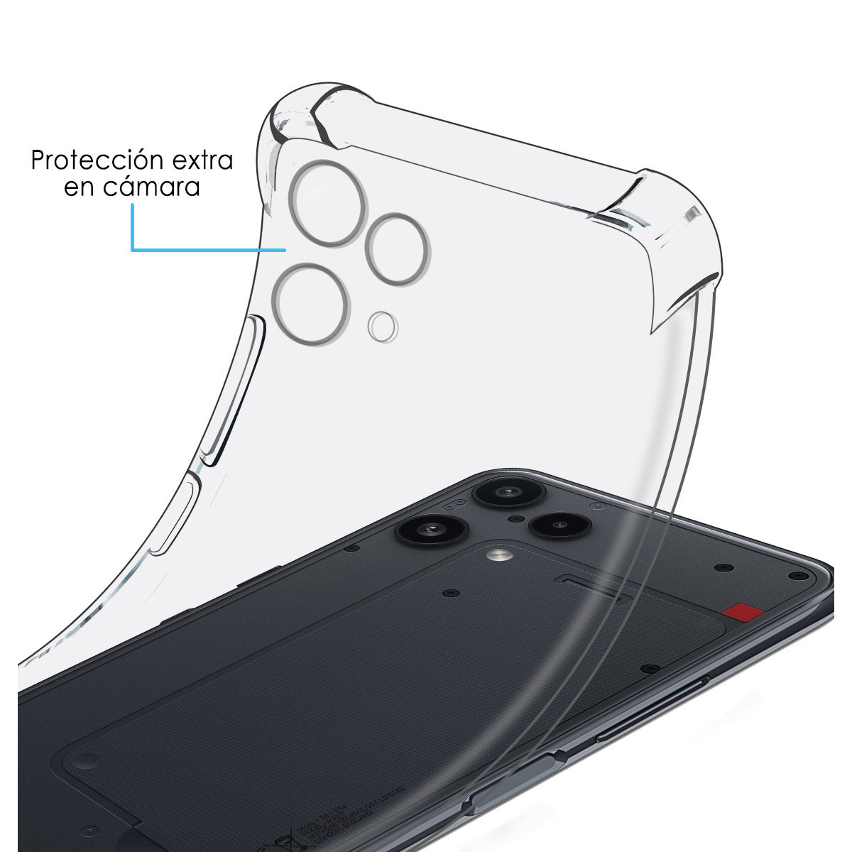Funda transparente para móvil con protección extra para cámara.