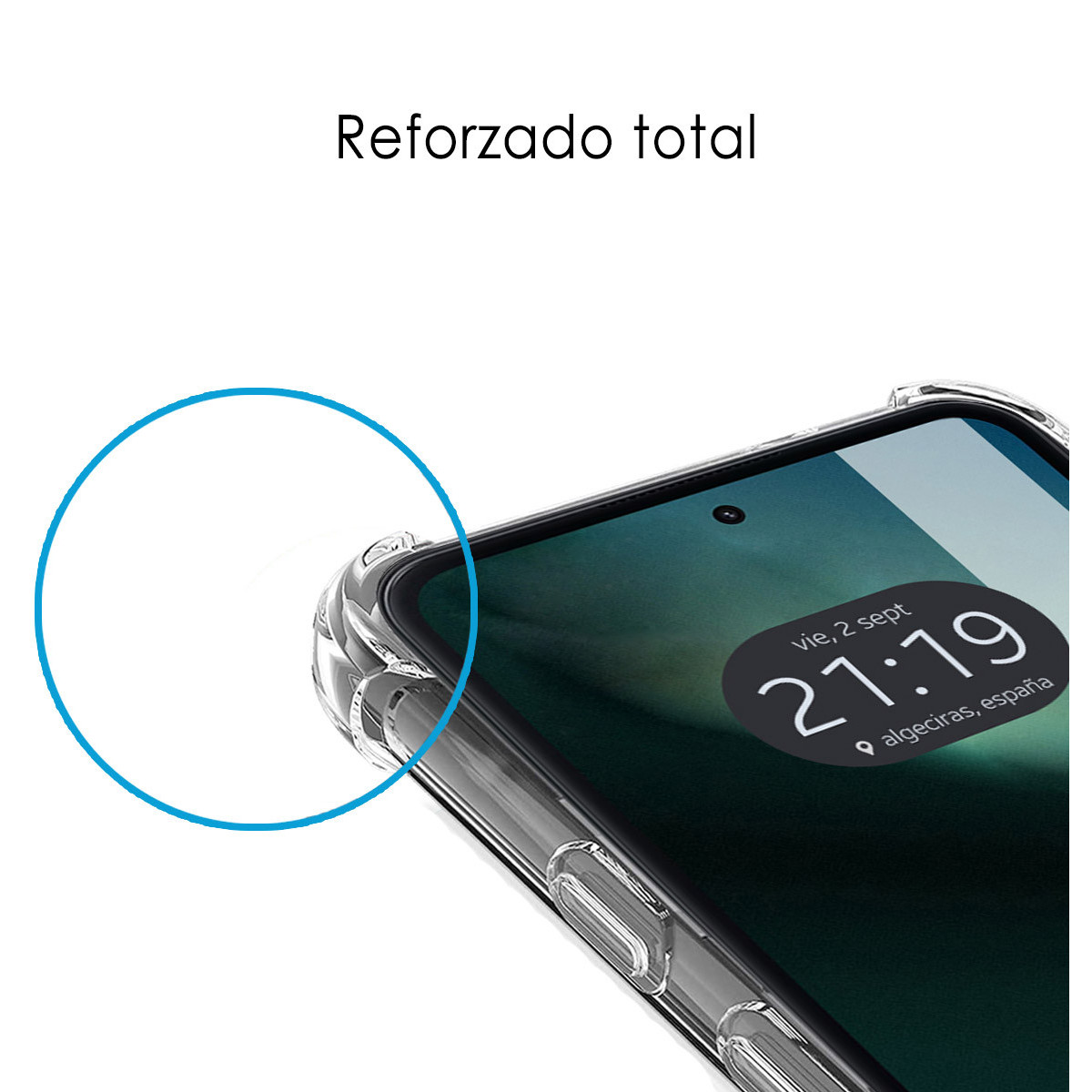 Una funda transparente protege la esquina de un móvil. La pantalla muestra las 21:19.