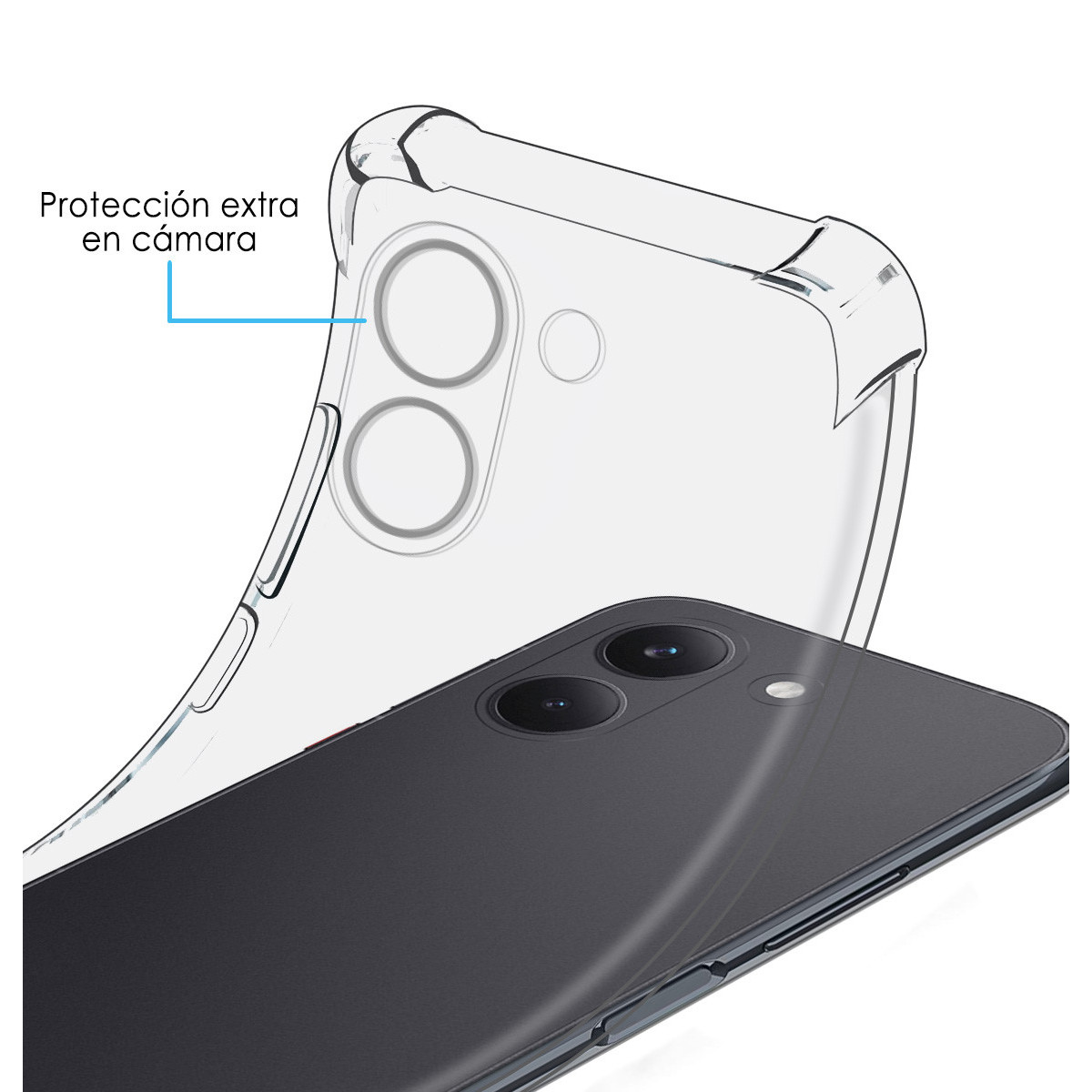 Una funda transparente protege las lentes de la cámara de un smartphone oscuro.