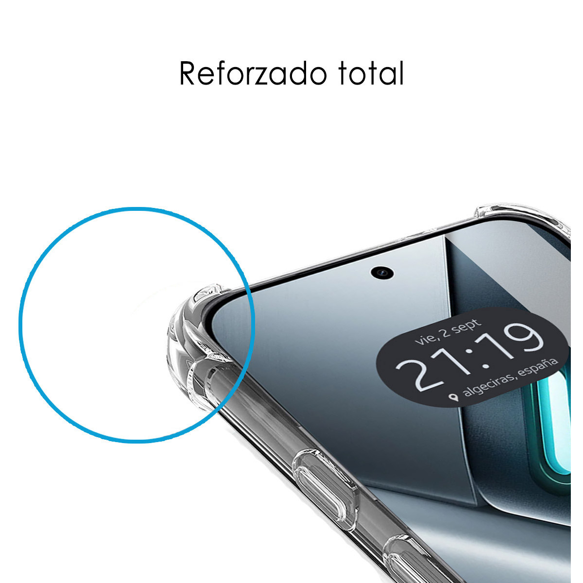 Una funda transparente protege la esquina de un smartphone con pantalla mostrando la hora.
