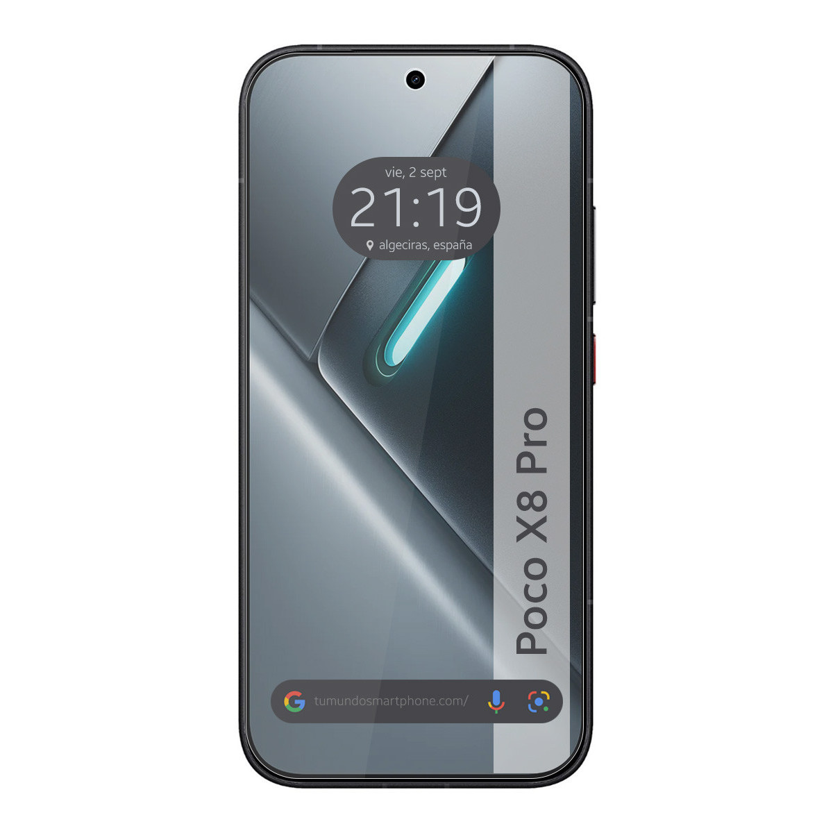 Un smartphone mostrando texto Poco X8 Pro, hora y lugar en pantalla.