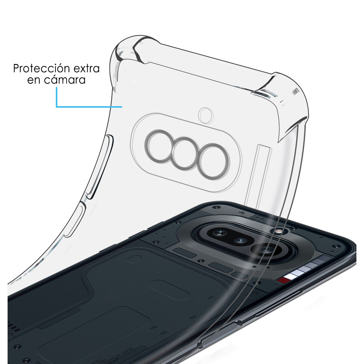 Funda transparente sobre un smartphone oscuro con cámara.