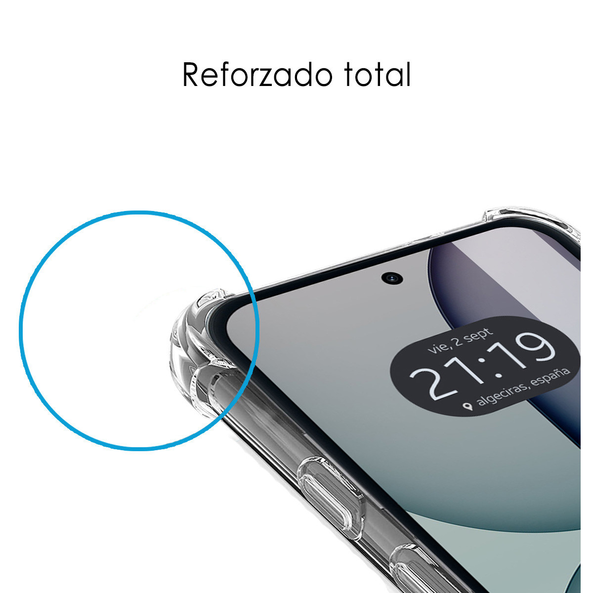 Una funda transparente protege las esquinas de un smartphone con pantalla oscura.