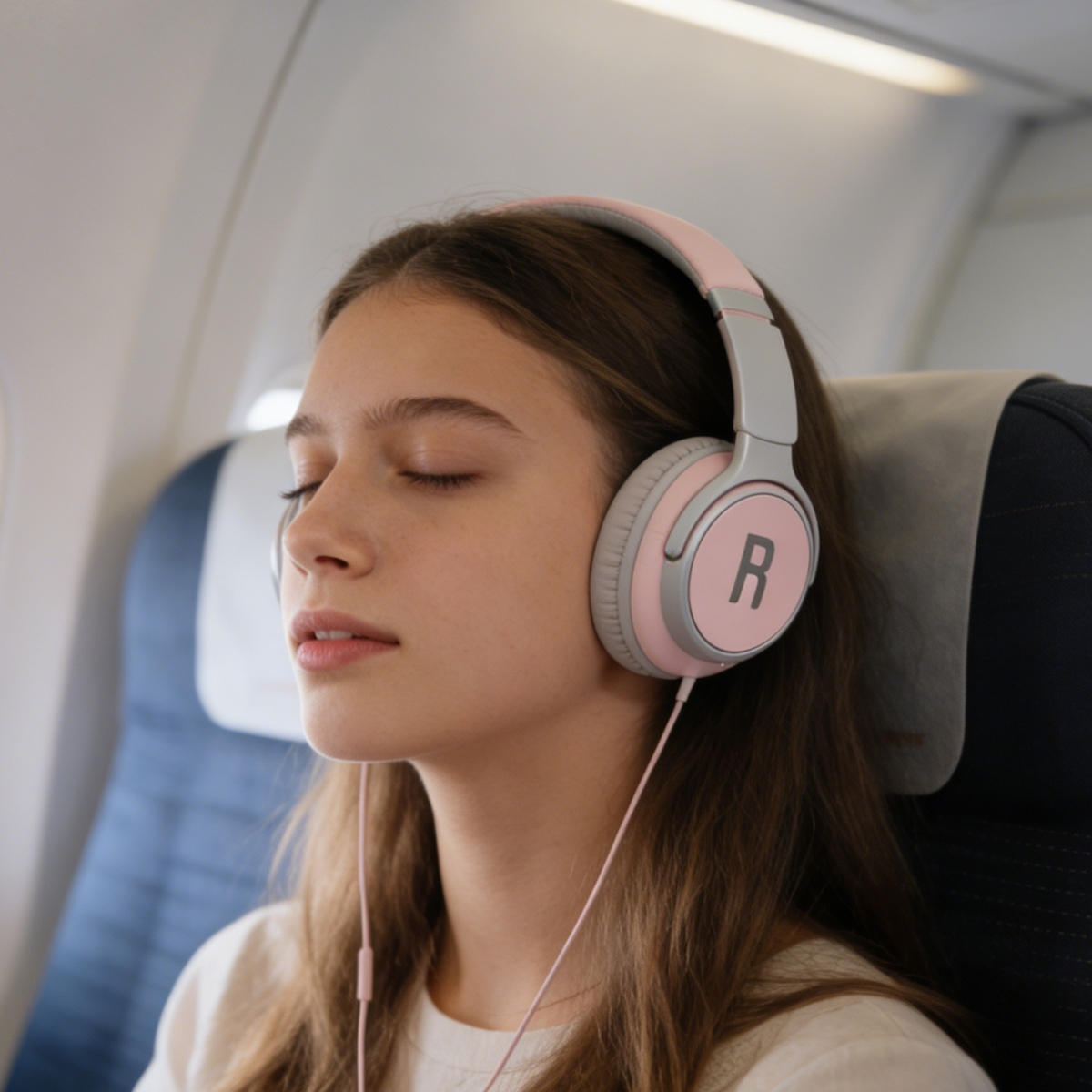 Ein Mädchen mit Kopfhörern im Flugzeug mit geschlossenen Augen.