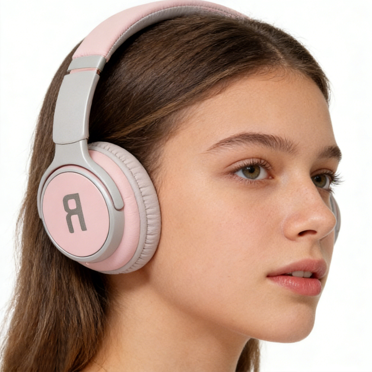 Ein junges Mädchen mit pinken Kopfhörern und einem grauen R-Logo.