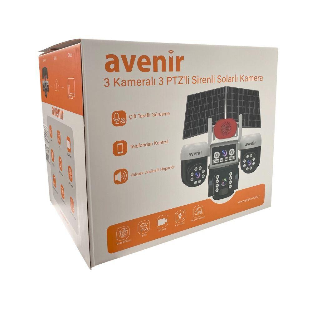Avenir 3 kameralı, PTZ'li, sirenli güneş enerjili kamera kutusu, gece görüşlü.
