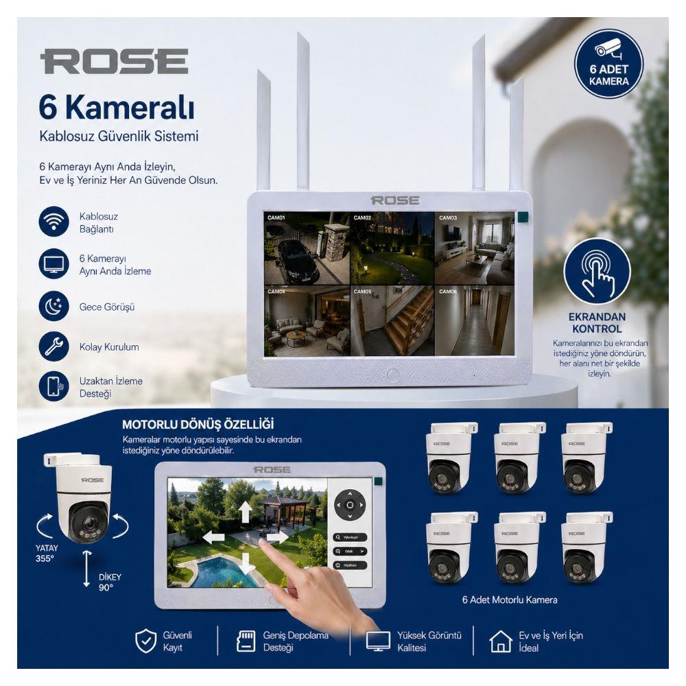 ROSE 6 kameralı kablosuz güvenlik sisteminin monitörl ü reklamı.