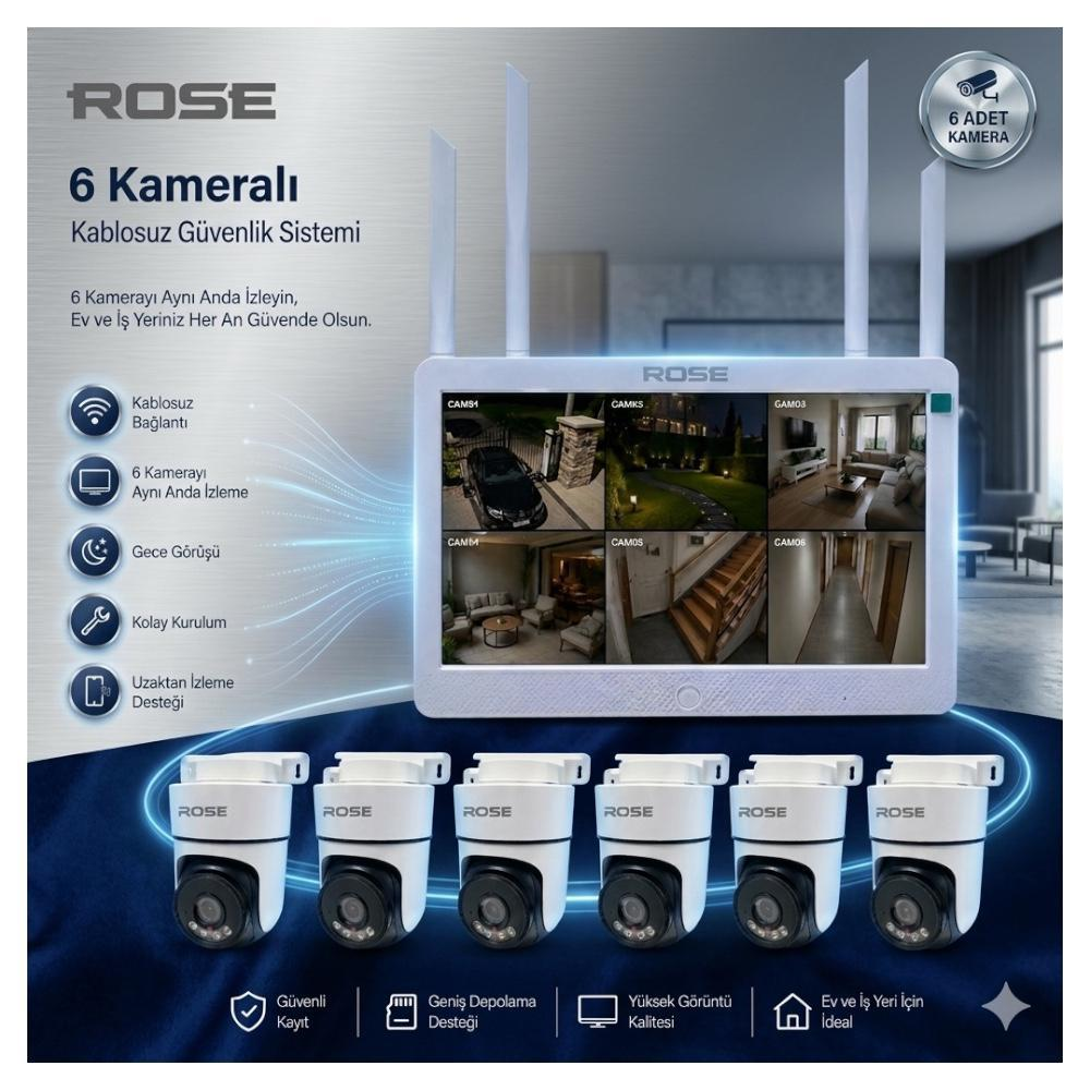 ROSE 6 kameralı sistem: 6 kamera, gece görüşü, uzaktan erişim. Ev ve iş yeri güvenliği.