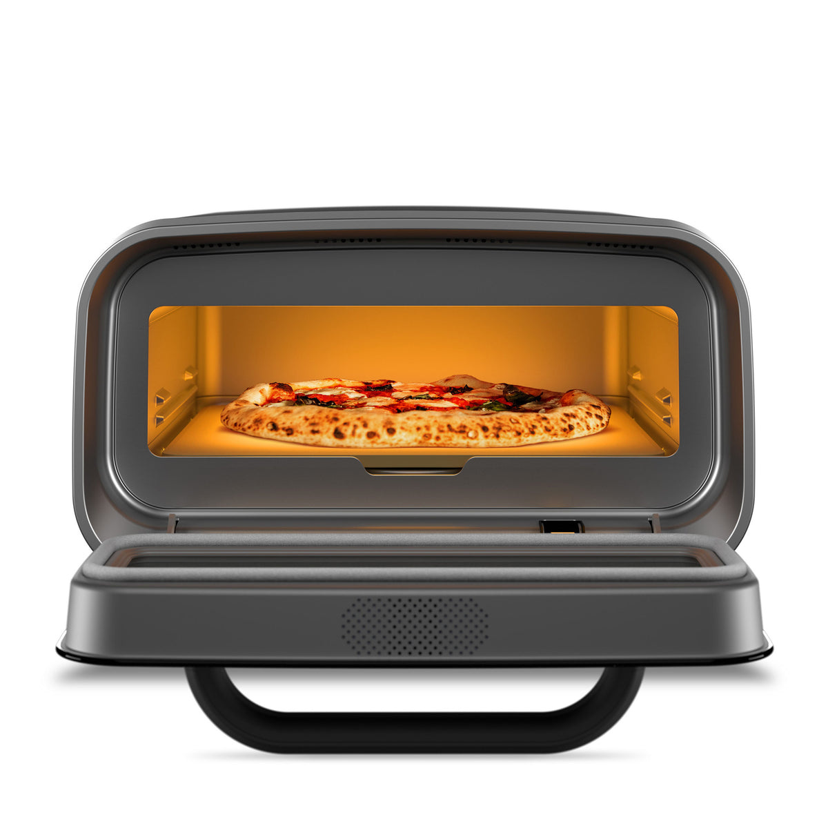 Una pizza cuoce in un forno moderno. Il forno è nero con porta trasparente.