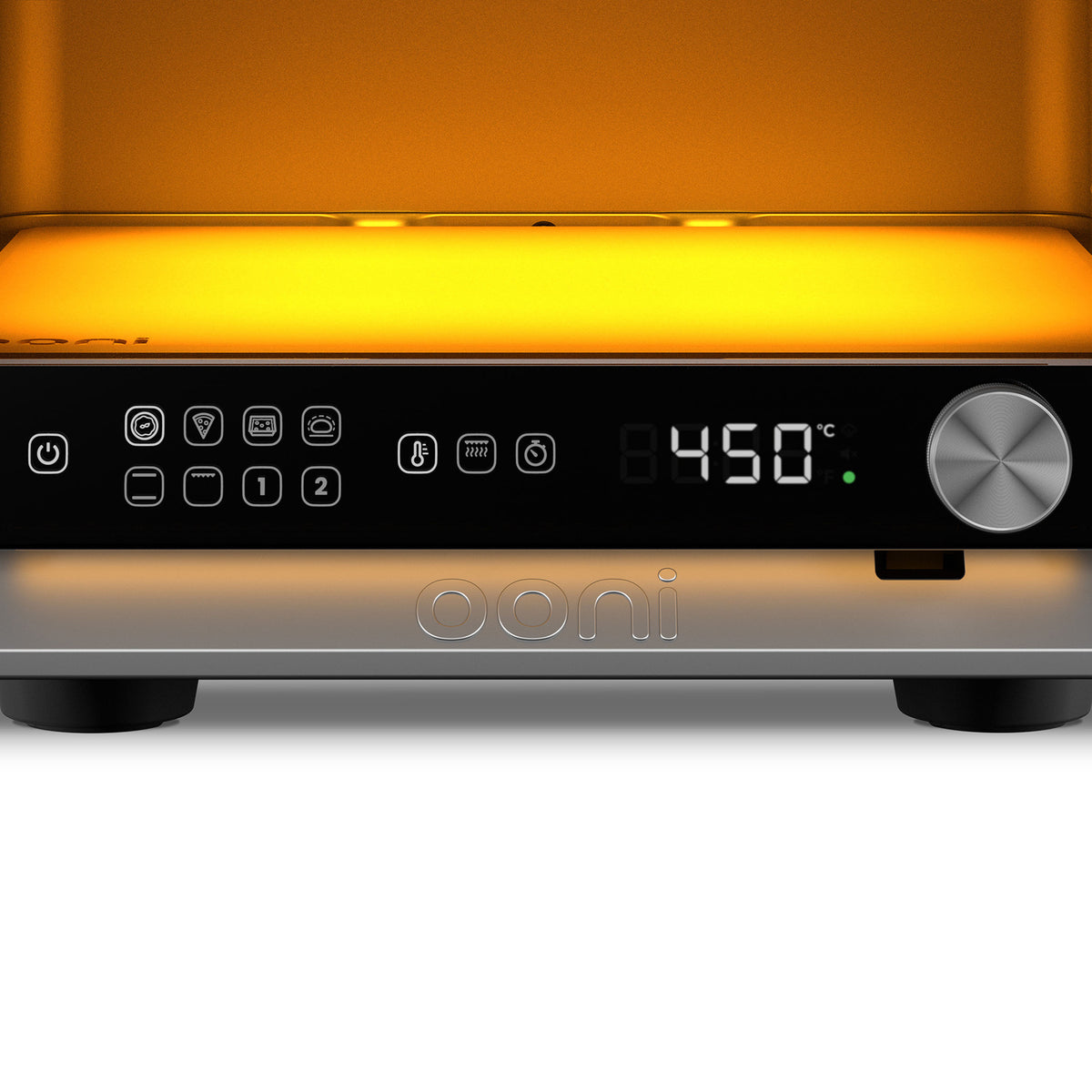 Un pannello di controllo del forno Ooni con display digitale da 450°C e icone.