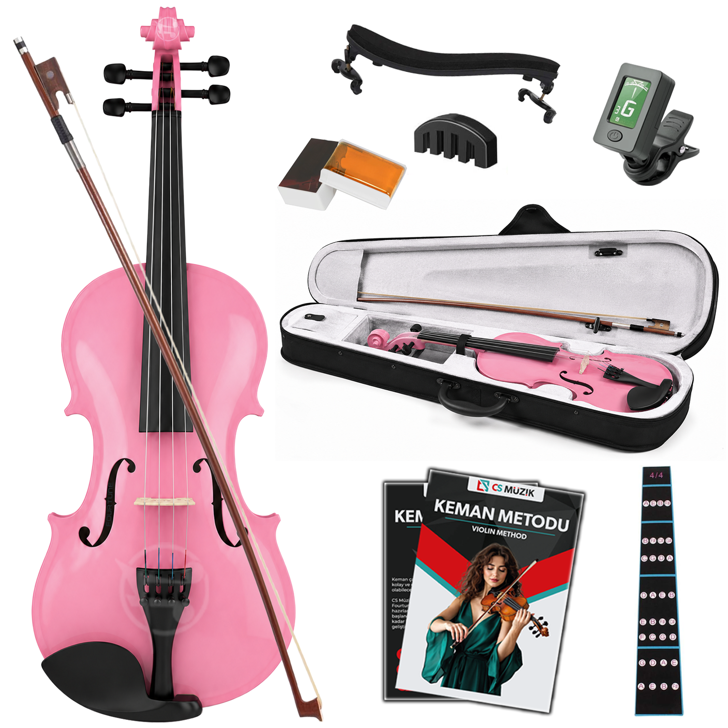 Pembe çocuk keman seti; yay, kılıf ve akort cihazı aksesuarları içerir.