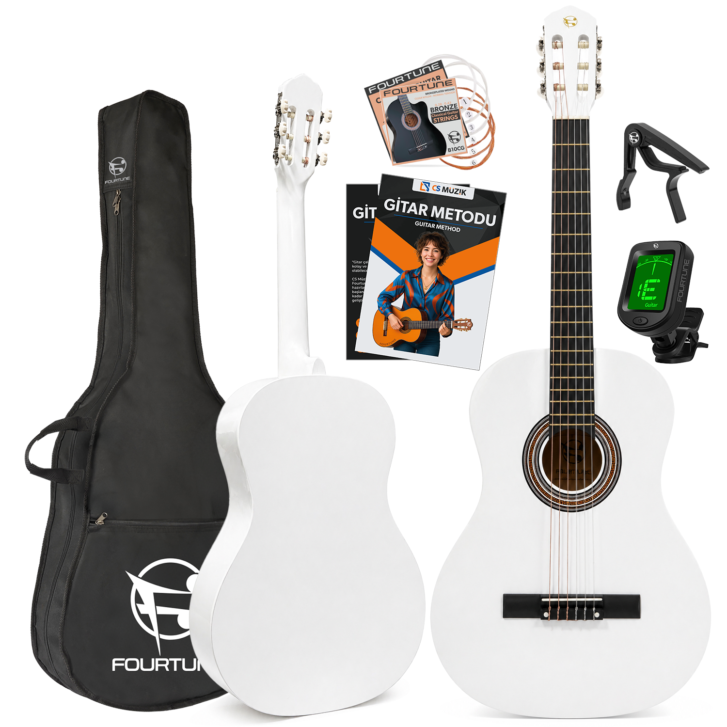 Beyaz akustik gitar, siyah kılıf, tuner, capo, teller ve metod kitabı ile birlikte.