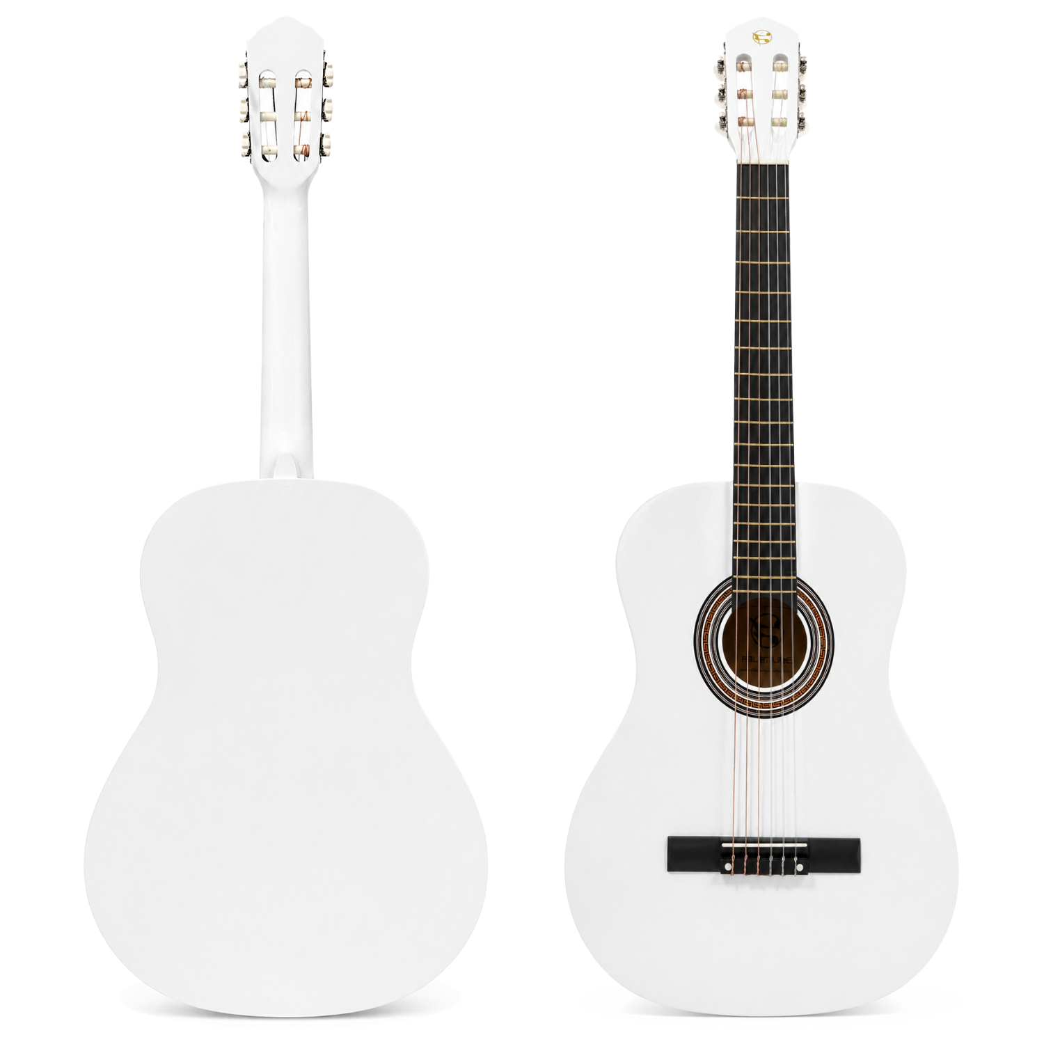 İki beyaz gitar, ön ve arka görünüm, beyaz arka plan üzerinde.