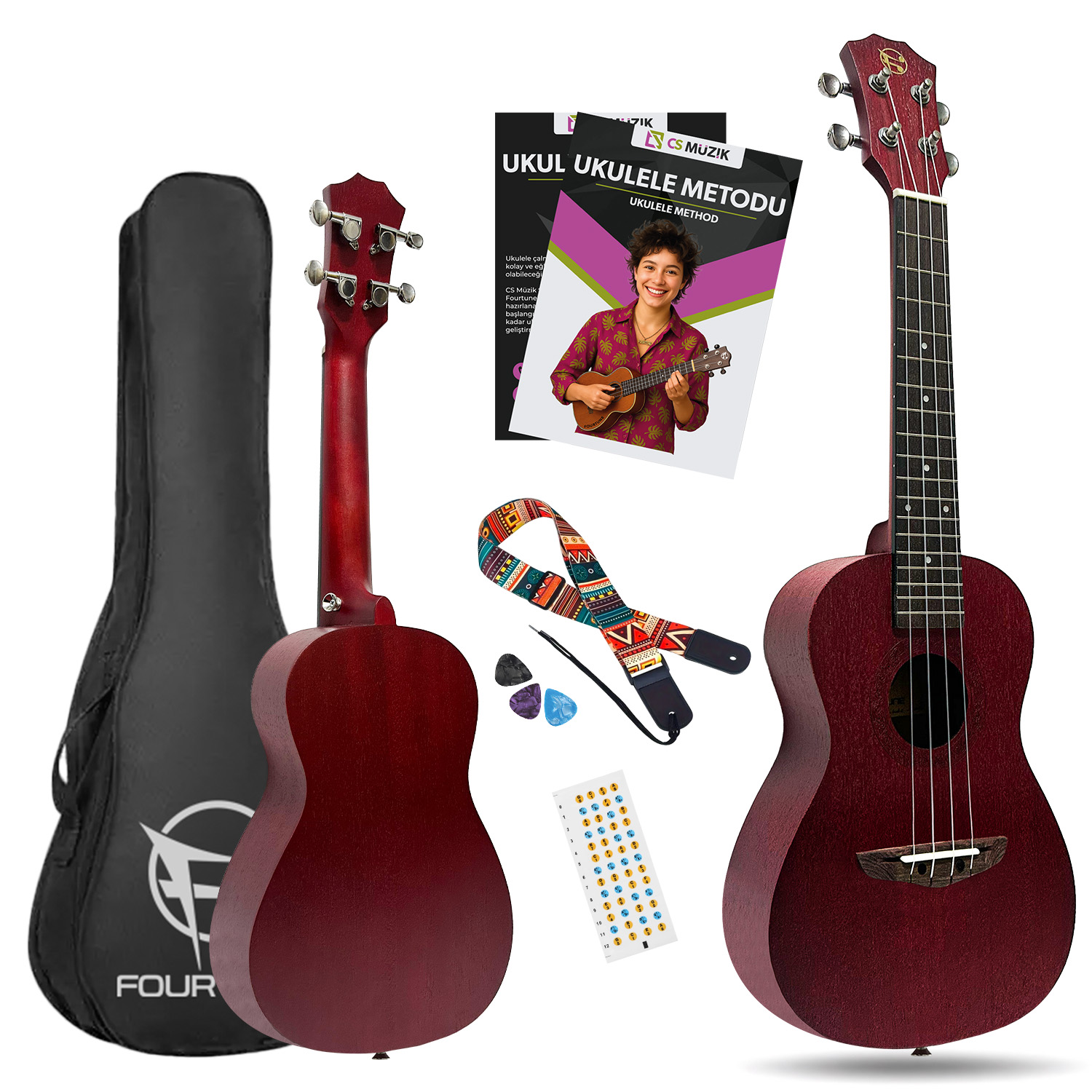 İki kırmızı ukulele, kılıf, askı, pena ve çıkartmalar sergileniyor.