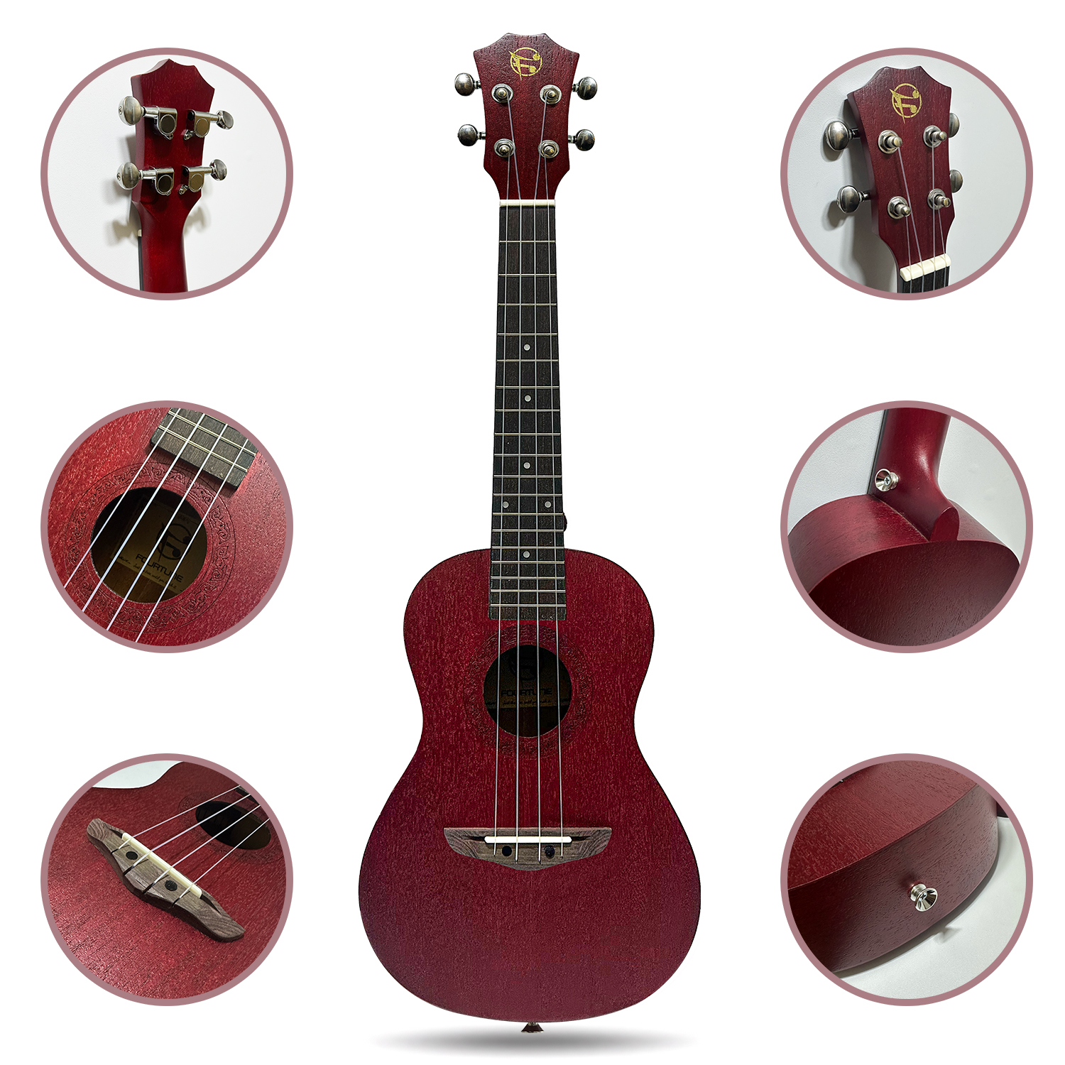 Kırmızı ukulele detay çekimi, başlık, köprü ve gövde yakın çekimleri.