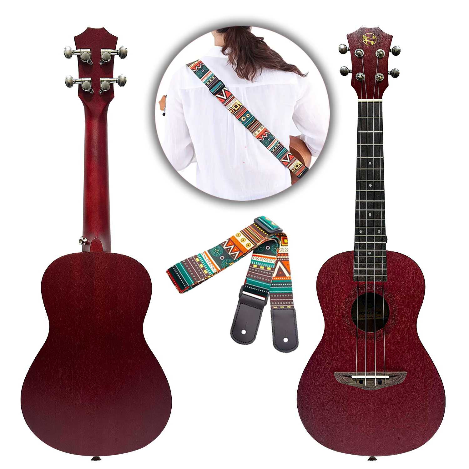 Kırmızı ukulele ön, arka ve sap tarafından gösterilir, süslü askı ile.