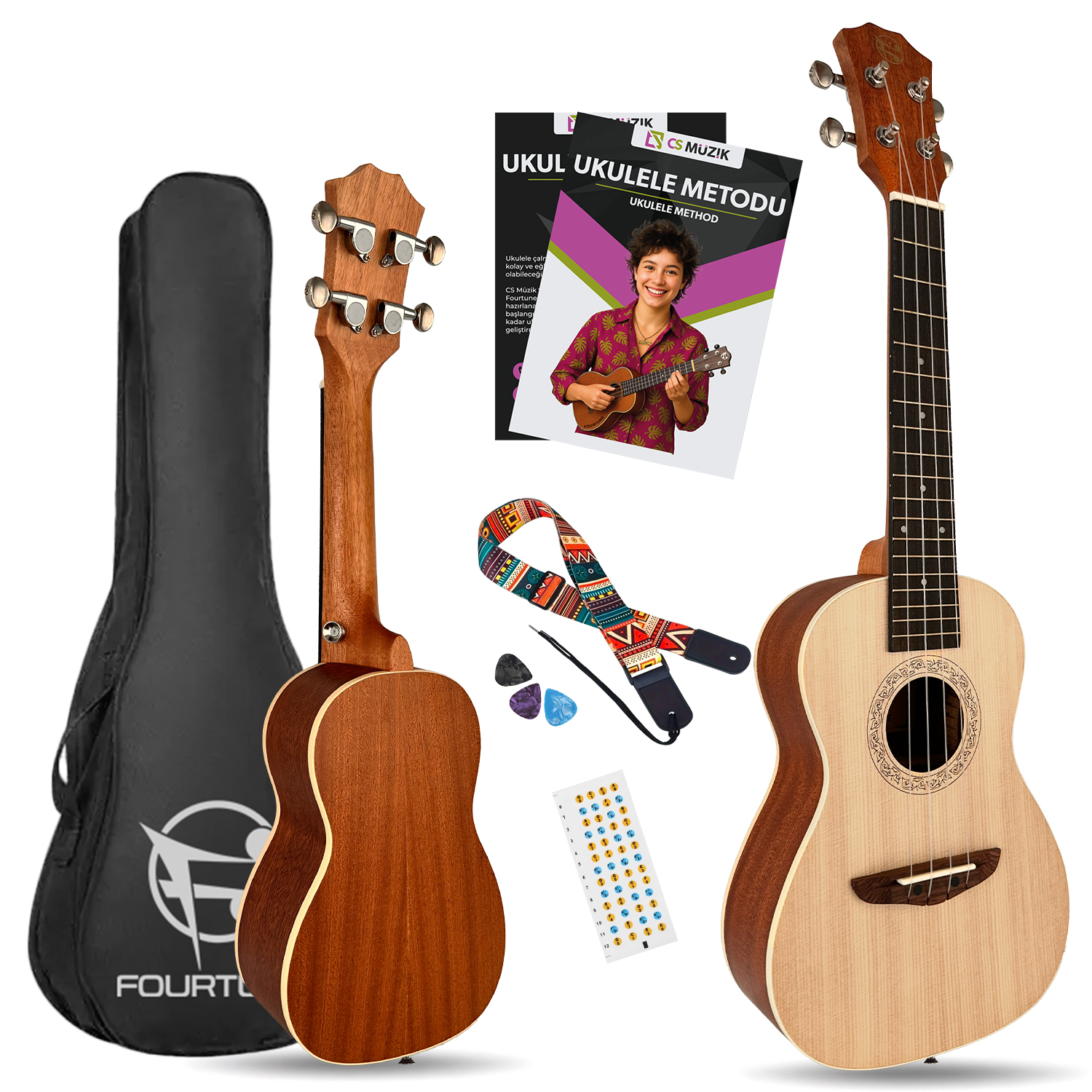 Ukulele, kılıf, askı, pena ve yöntem kitabı beyaz arka planda.