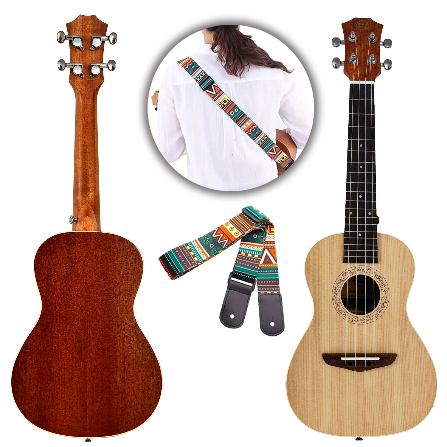Beyaz arka plan üzerinde iki ukulele ve renkli askı.