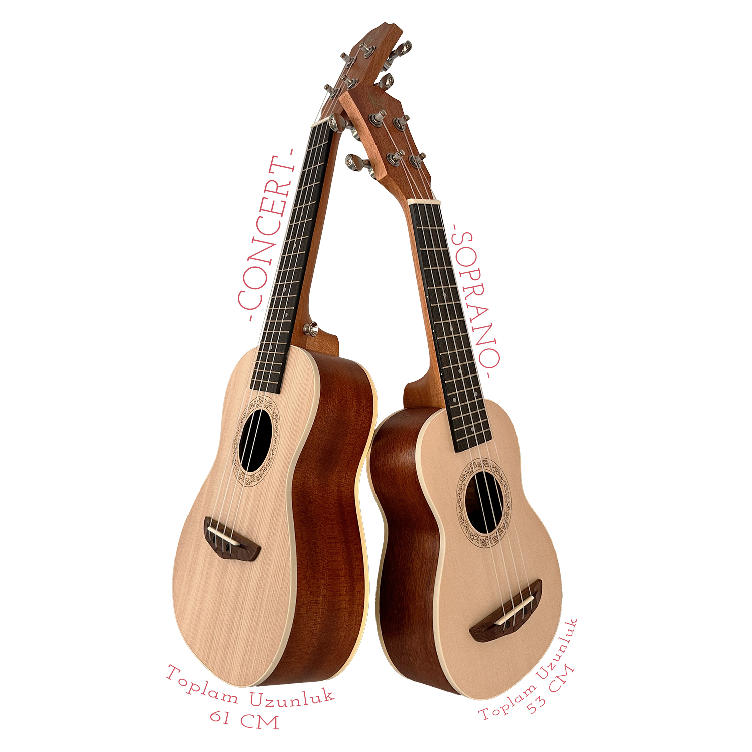 Birbirine yaslanmış iki ukulele: 61cm'lik konser ve 53cm'lik soprano.