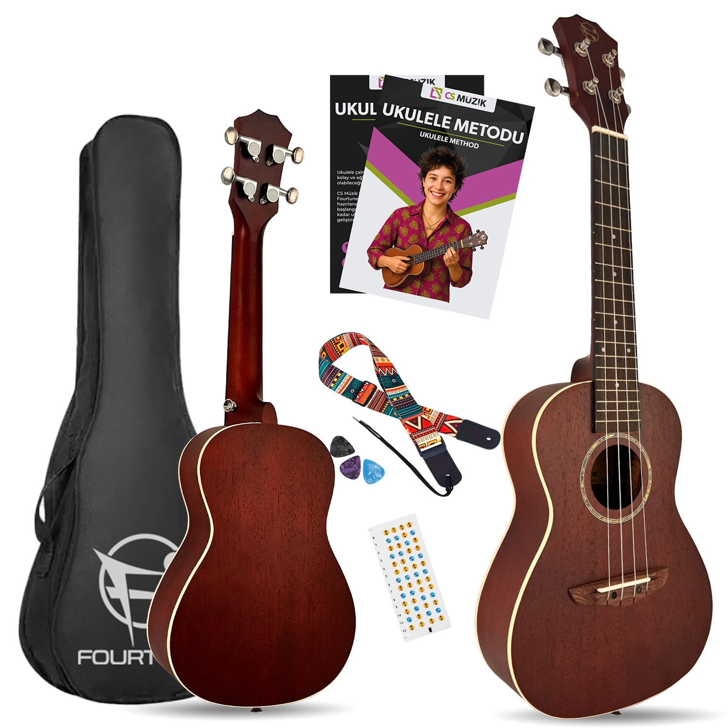 İki ukulele, siyah kılıf, askı, pena ve ukulele metot kitabı.